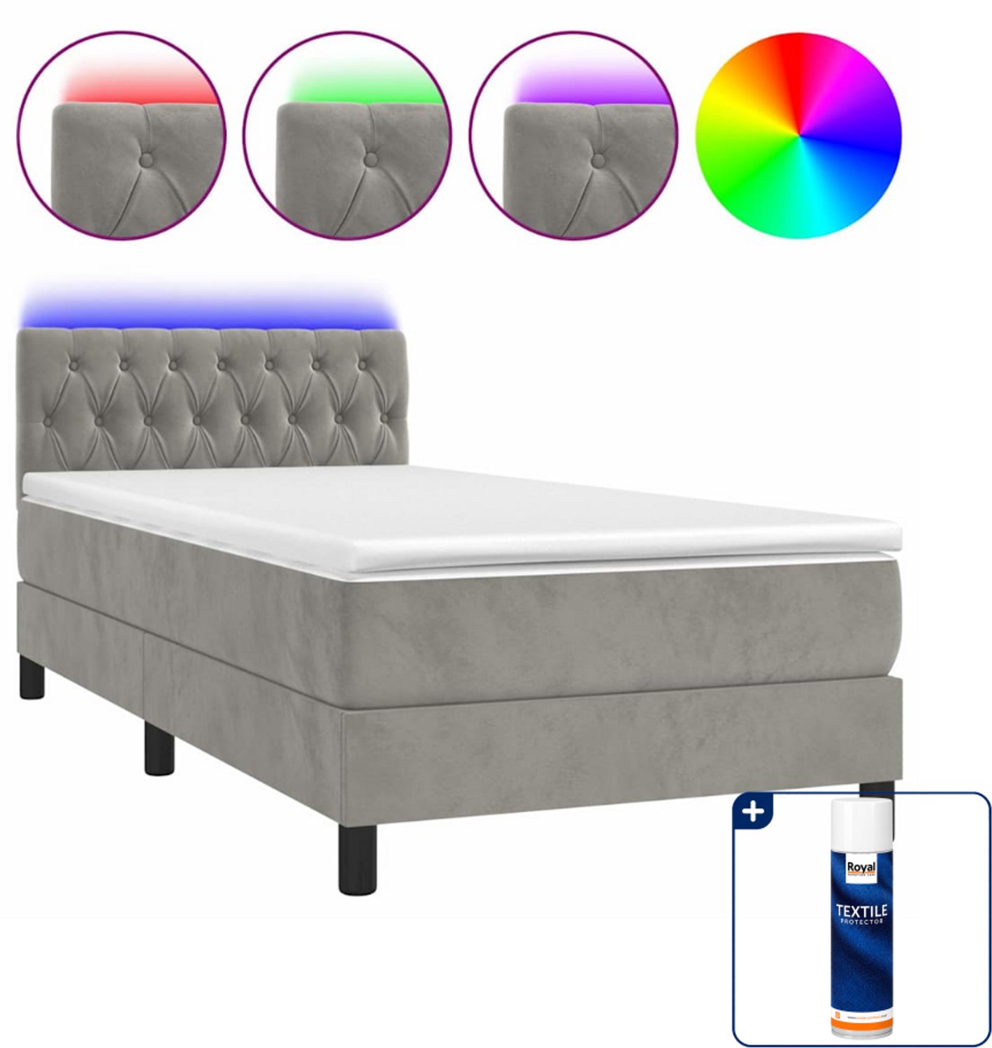 vidaXL boxspring met matras en LED - 100 x 200 cm - lichtgrijs - Inclusief textielbeschermer 500 ml