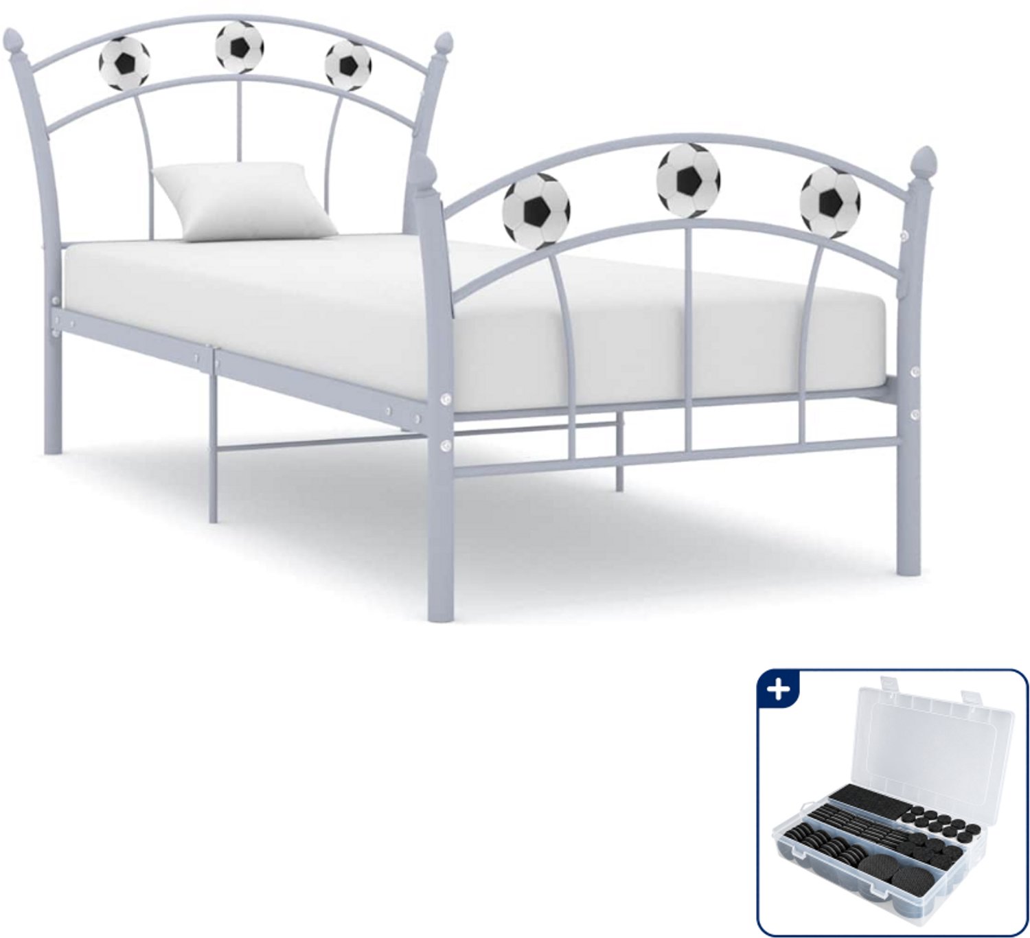 vidaXL bedframe voetbaldesign - 90 x 200 cm - metaal - grijs - Inclusief antikrasvilt 177-delig