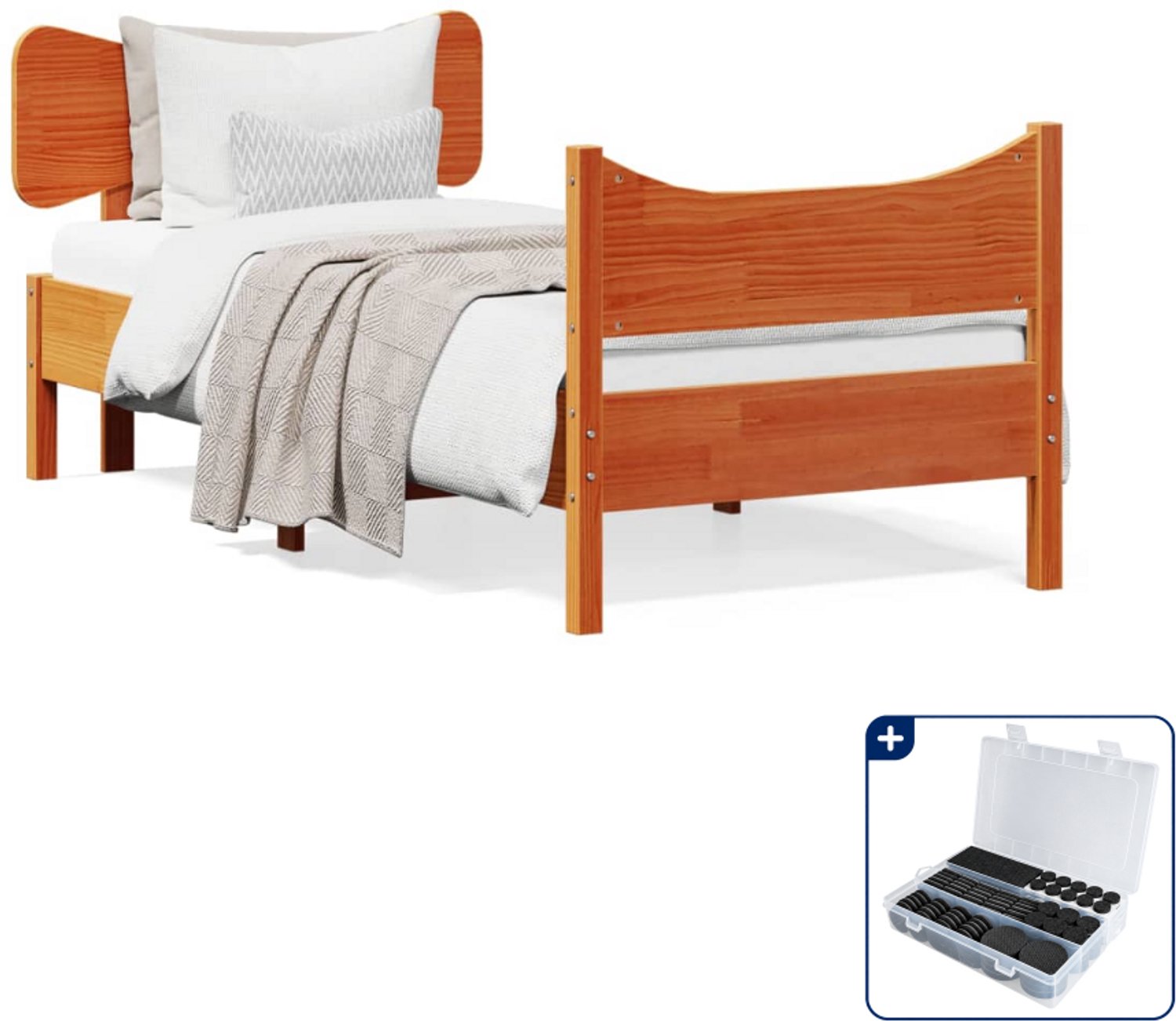 vidaXL bedframe - 75 x 190 cm - massief grenenhout - wasbruin - Inclusief antikrasvilt 177-delig wit