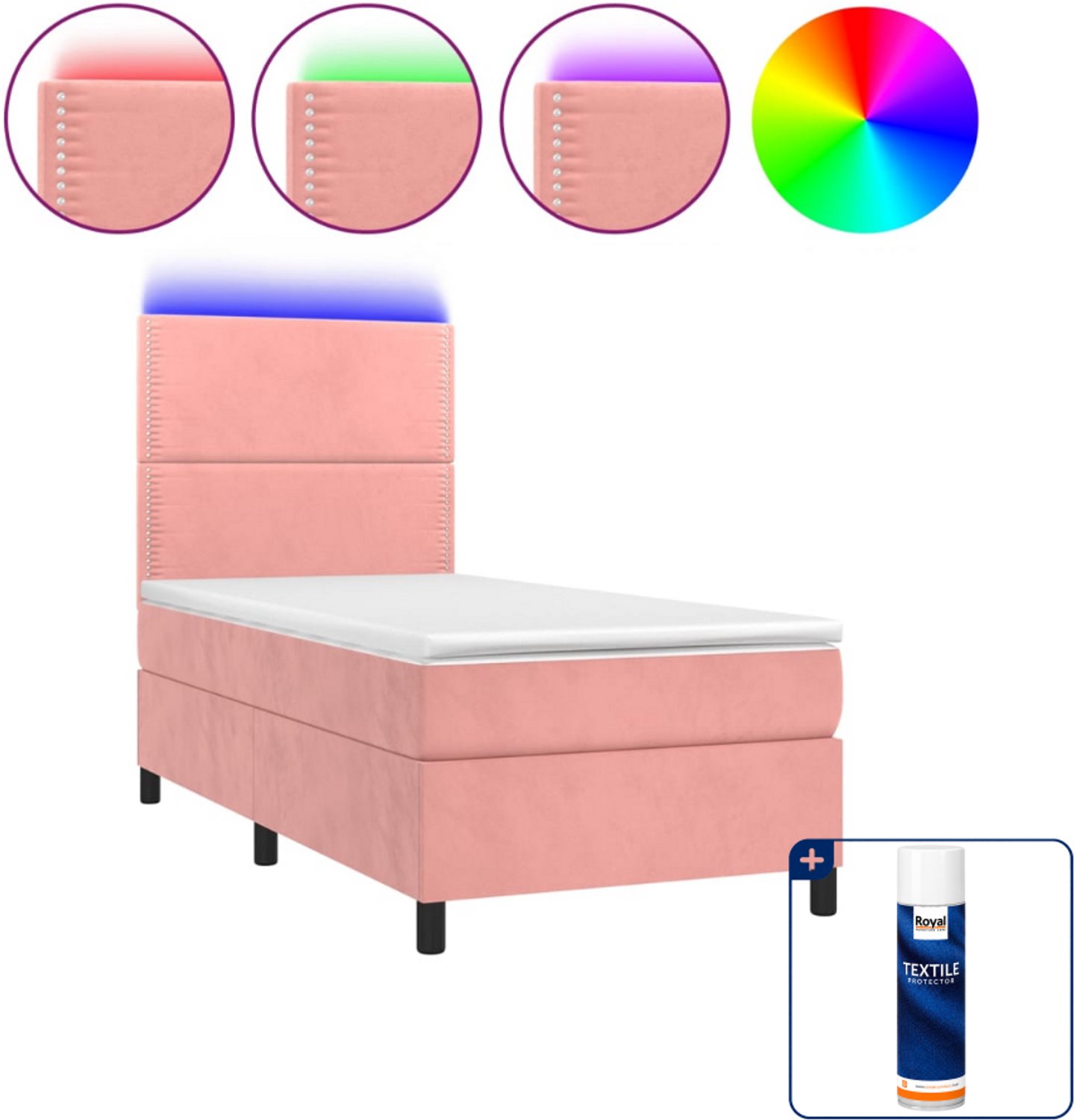 vidaXL boxspring met matras en LED - 100 x 200 cm - fluweel - roze - Inclusief textielbeschermer 500 ml
