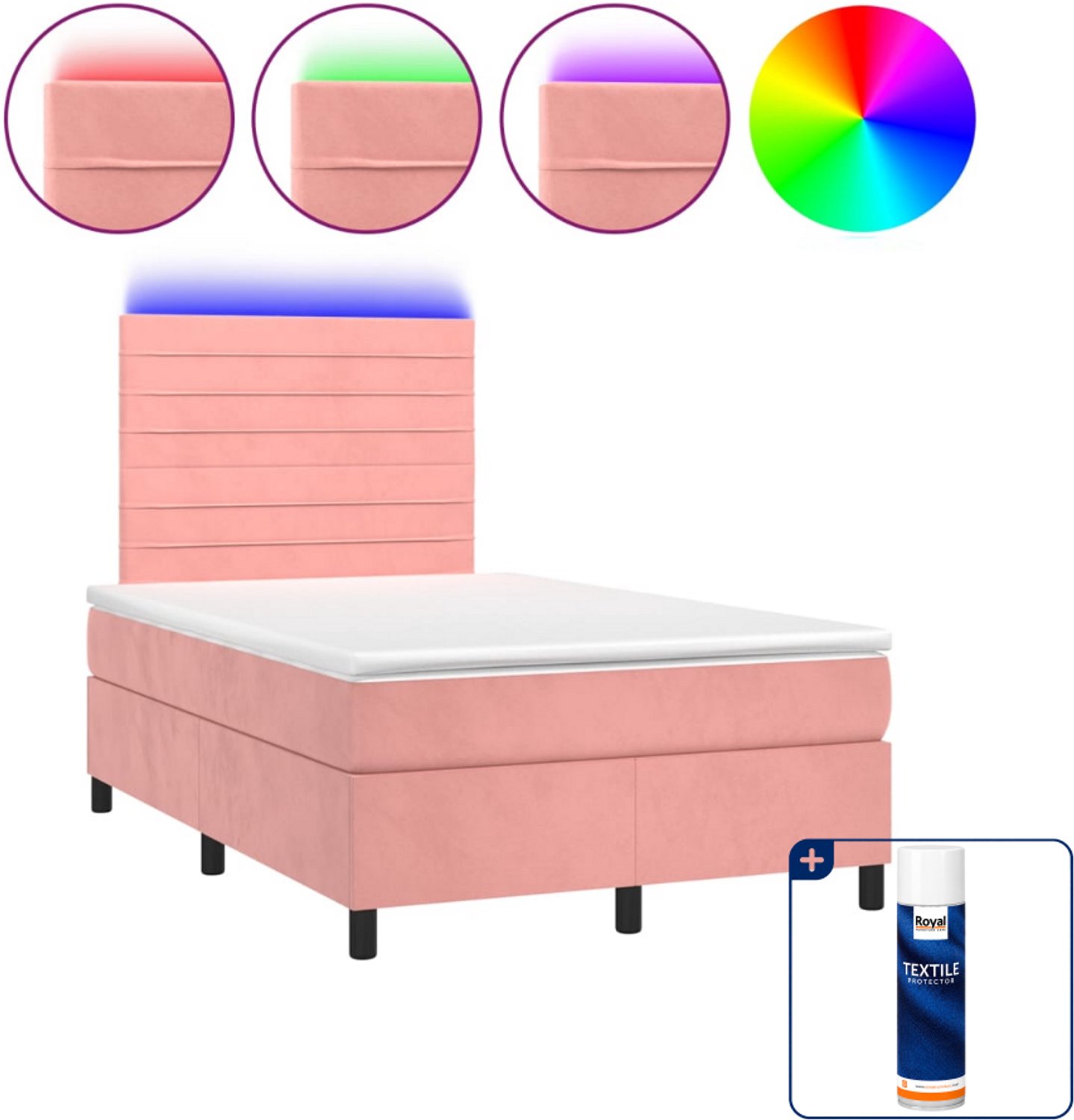 vidaXL boxspring met matras en LED - 120 x 200 cm - fluweel - roze - Inclusief textielbeschermer 500 ml