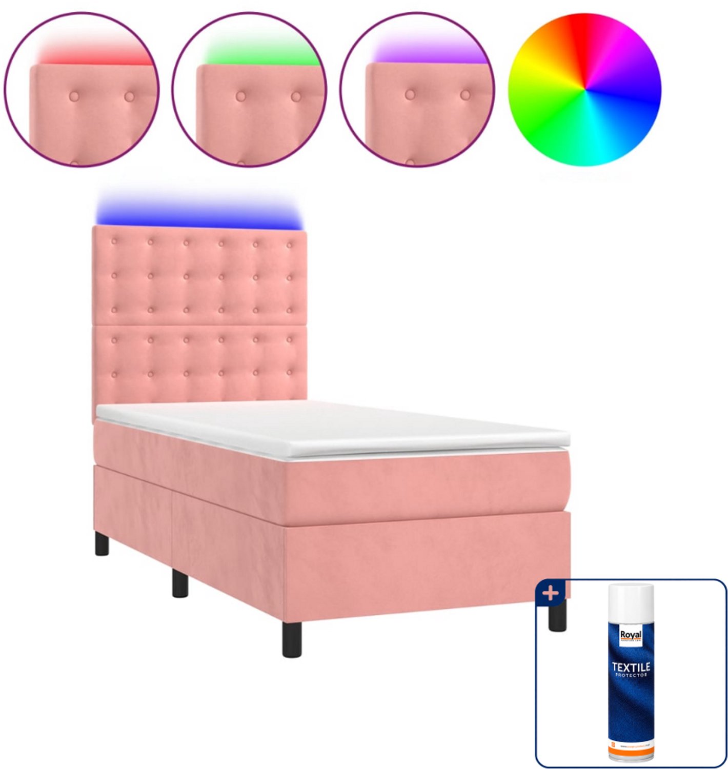 vidaXL boxspring met matras en led - 90 x 190 cm - fluweel - roze - Inclusief textielbeschermer 500 ml