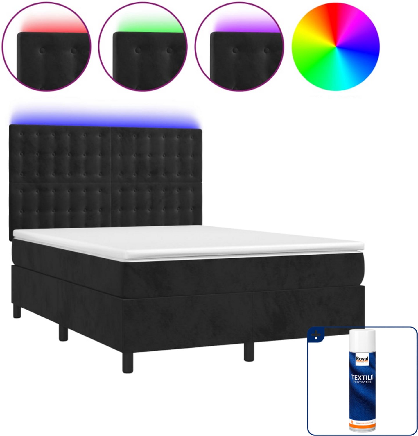 vidaXL Boxspring met matras en LED - 140 x 190 cm - fluweel - zwart - Inclusief textielbeschermer 500 ml