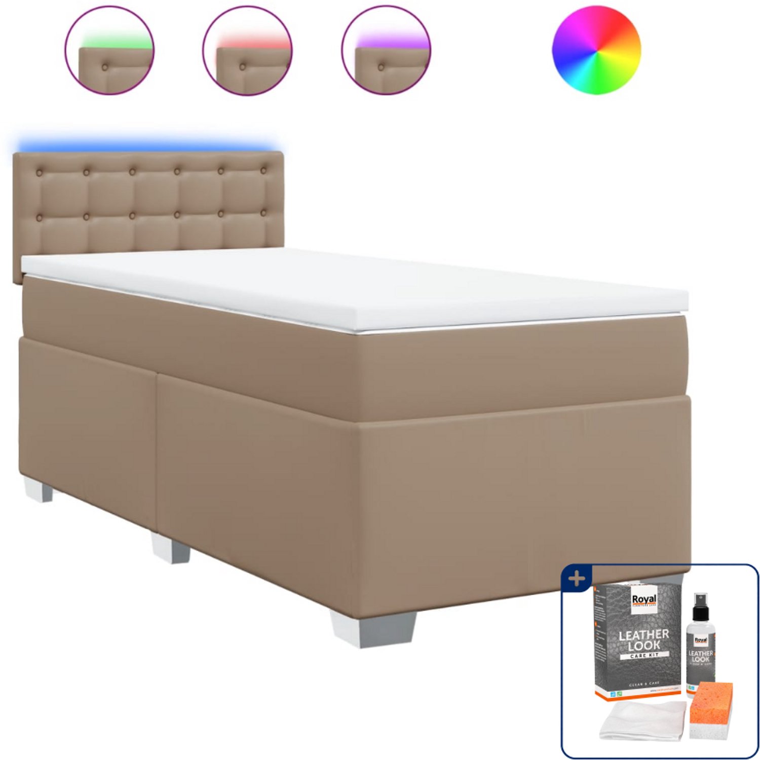 vidaXL boxspring met matras - 90 x 200 cm - kunstleer - cappuccino - Inclusief onderhoudsset voor kunstleer 150 ml Bruin