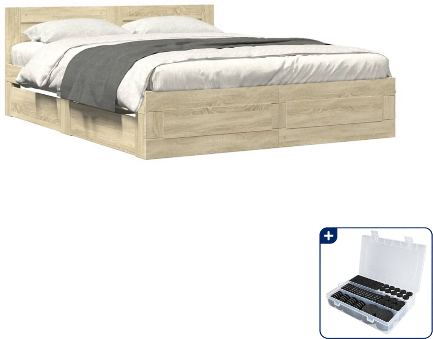 vidaXL Bedframe - 150 x 200 cm - bewerkt hout - sonoma eiken - Inclusief antikrasvilt 177-delig Bruin