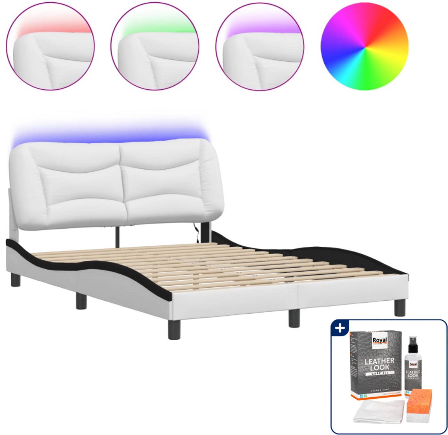 vidaXL Hvar bedframe met LED - 140 x 190 cm - wit en zwart - Inclusief onderhoudsset voor kunstleer 150 ml Bruin