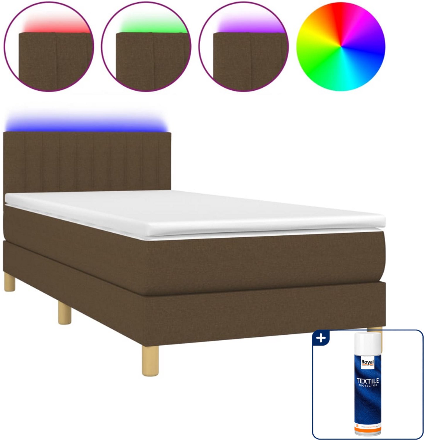vidaXL boxspring met matras en led - 80 x 200 cm - donkerbruin - Inclusief textielbeschermer 500 ml