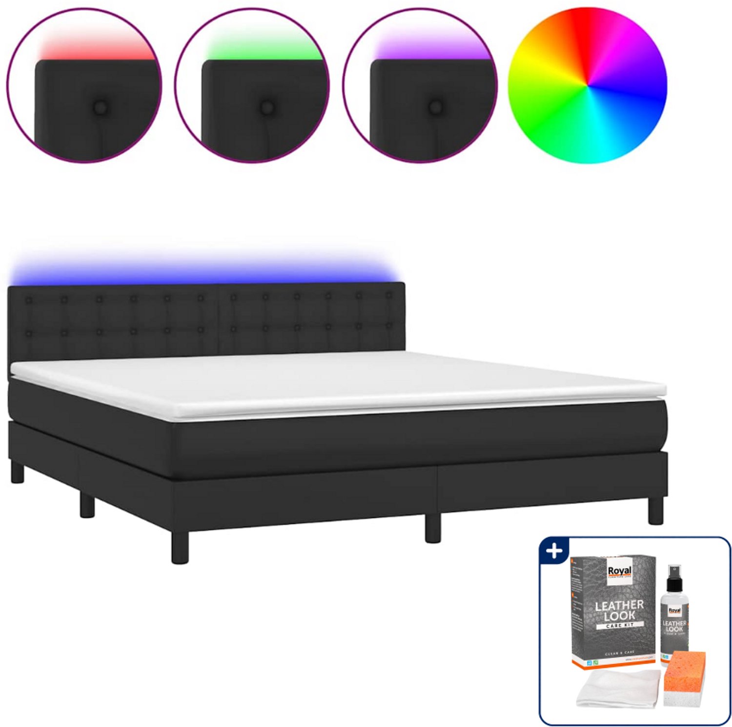 vidaXL Boxspring Kingsize - 180 x 200 cm - kunstleer - zwart - Inclusief onderhoudsset voor kunstleer 150 ml