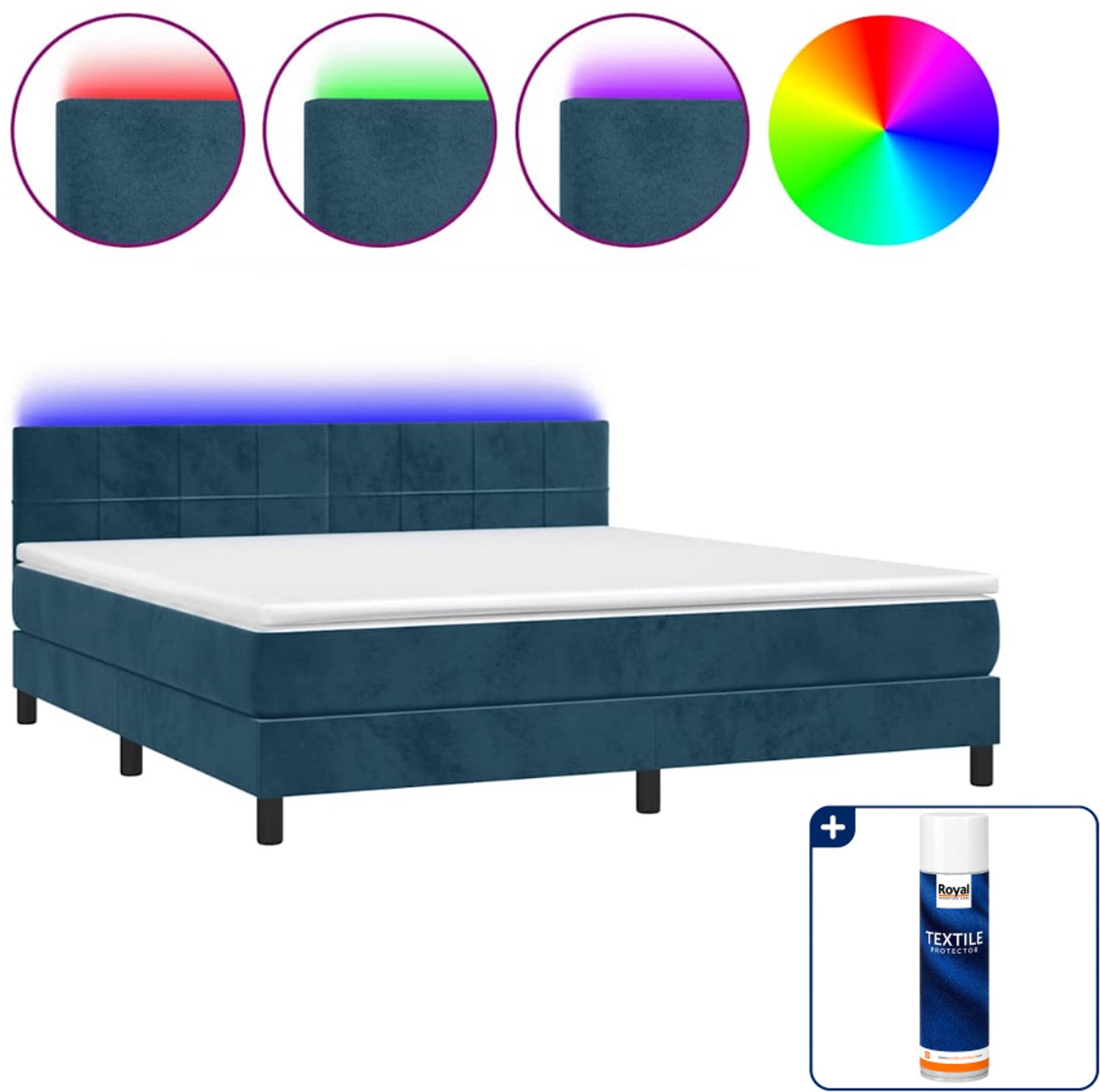 vidaXL Queensize boxspring met matras en LED - 160 x 200 cm - fluweel - donkerblauw - Inclusief textielbeschermer 500 ml