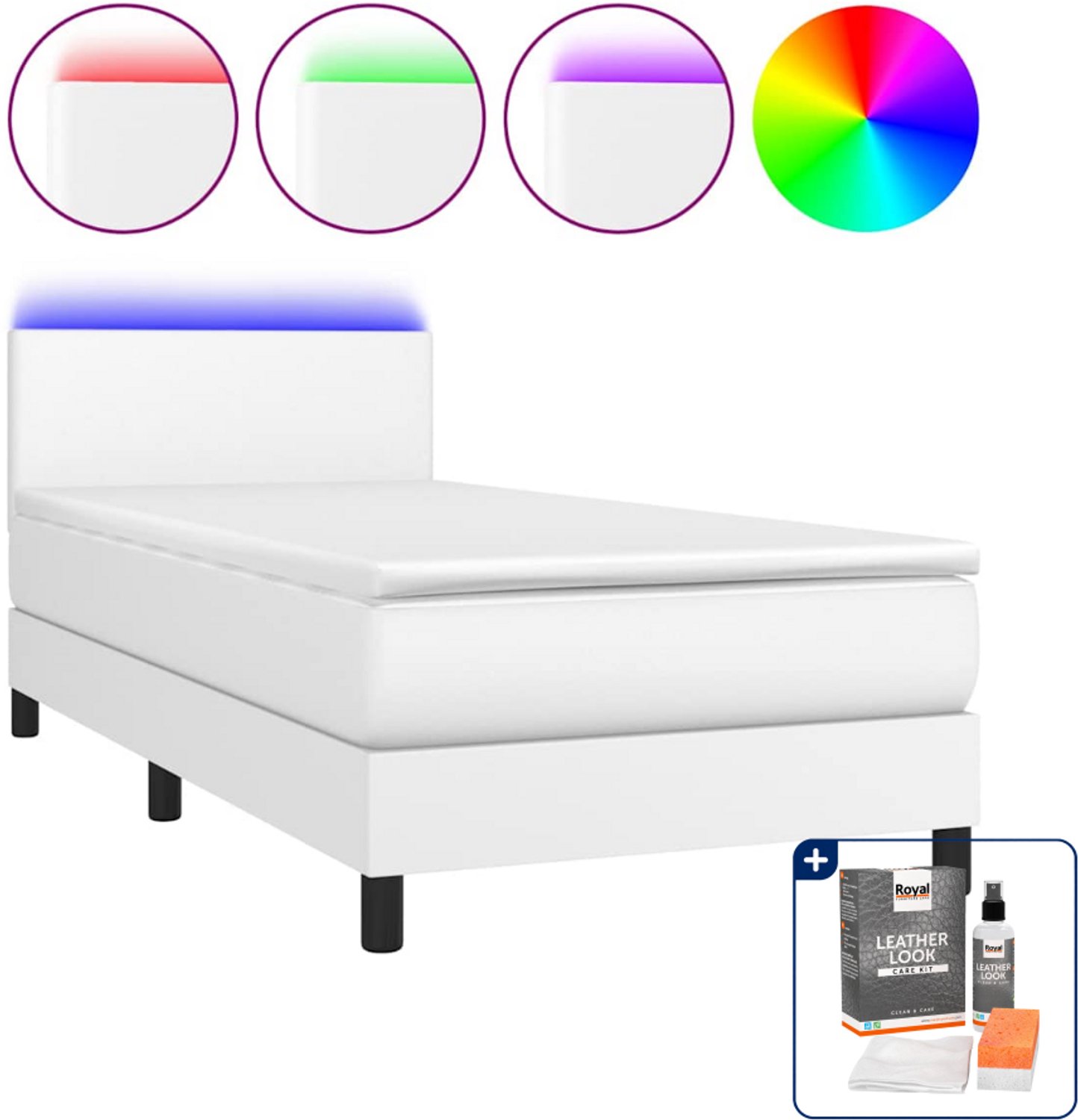 vidaXL boxspring met matras en LED - 80 x 200 cm - kunstleer - wit - Inclusief onderhoudsset voor kunstleer 150 ml