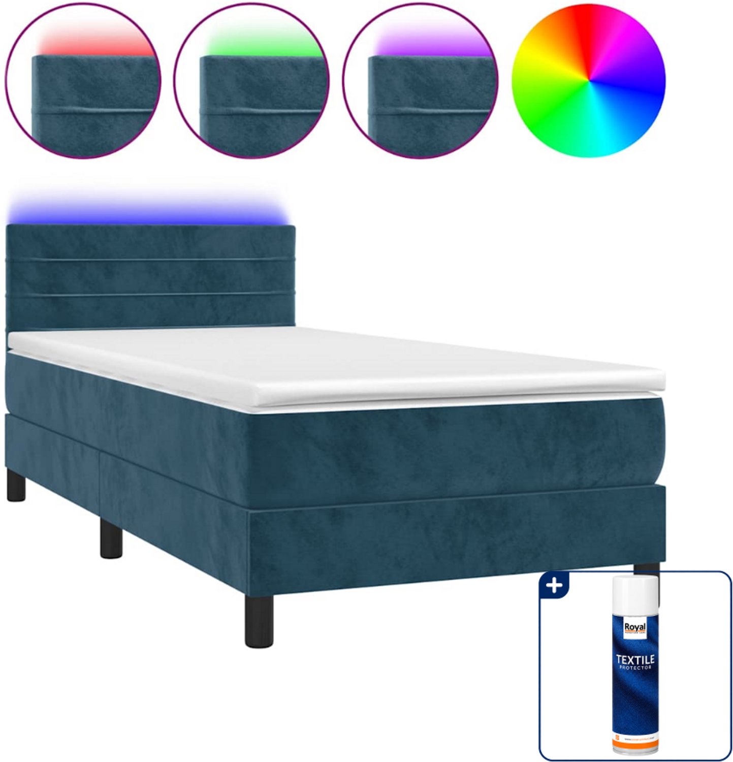 vidaXL boxspring met matras en led - 90 x 200 cm - fluweel - donkerblauw - Inclusief textielbeschermer 500 ml
