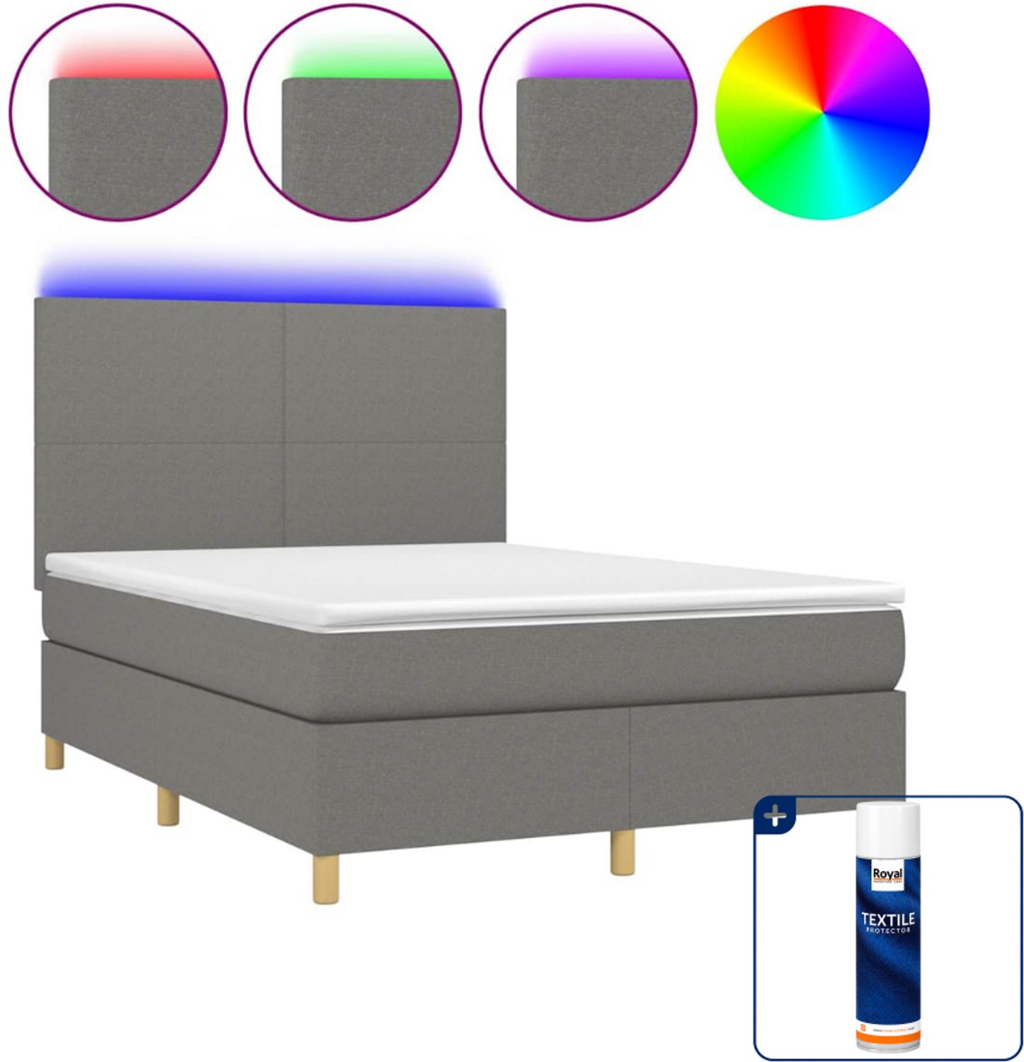vidaXL boxspring met matras en LED - 140 x 190 cm - donkergrijs - Inclusief textielbeschermer 500 ml
