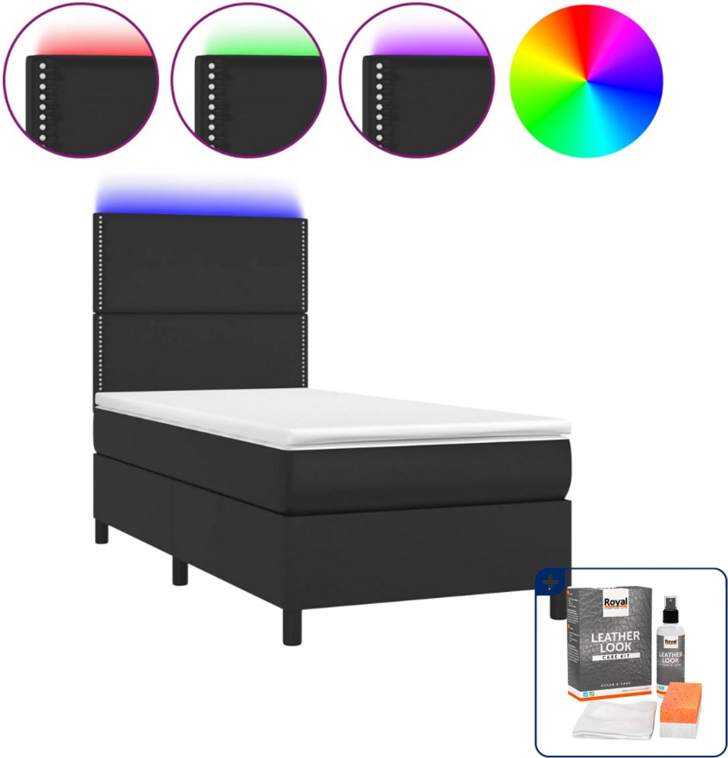vidaXL boxspring met matras en LED - 90 x 190 cm - kunstleer - zwart - Inclusief onderhoudsset voor kunstleer 150 ml