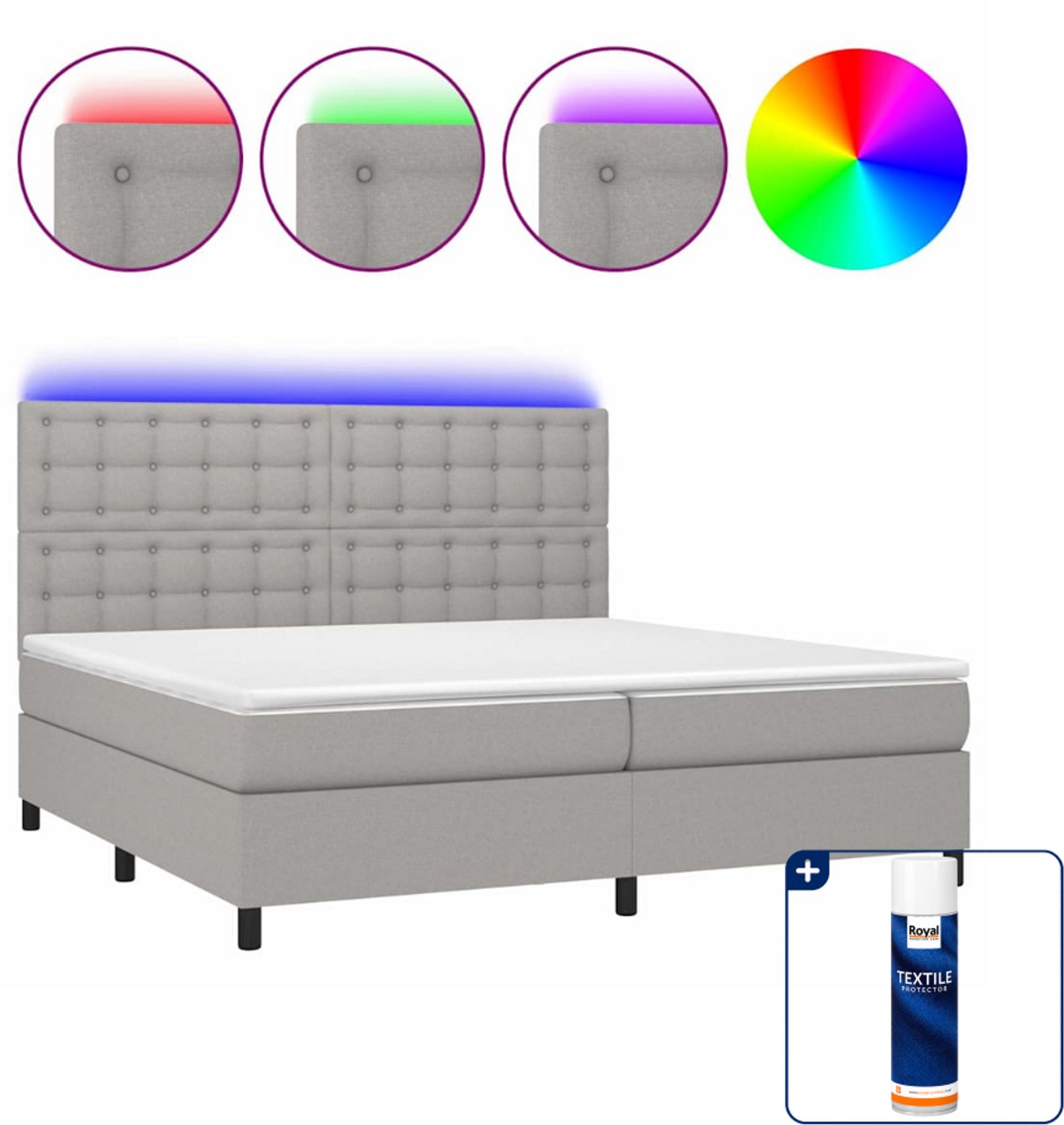 vidaXL boxspring met matras en LED - Super kingsize - lichtgrijs - Inclusief textielbeschermer 500 ml