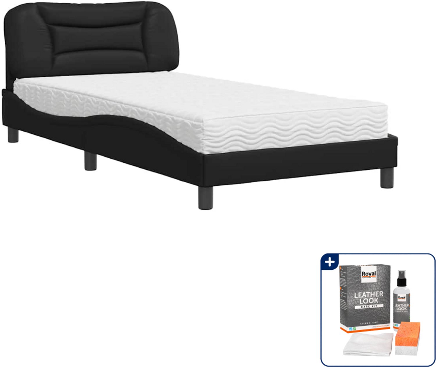 vidaXL Hvar bed met matras - 100 x 200 cm - kunstleer - zwart - Inclusief onderhoudsset voor kunstleer 150 ml Grijs