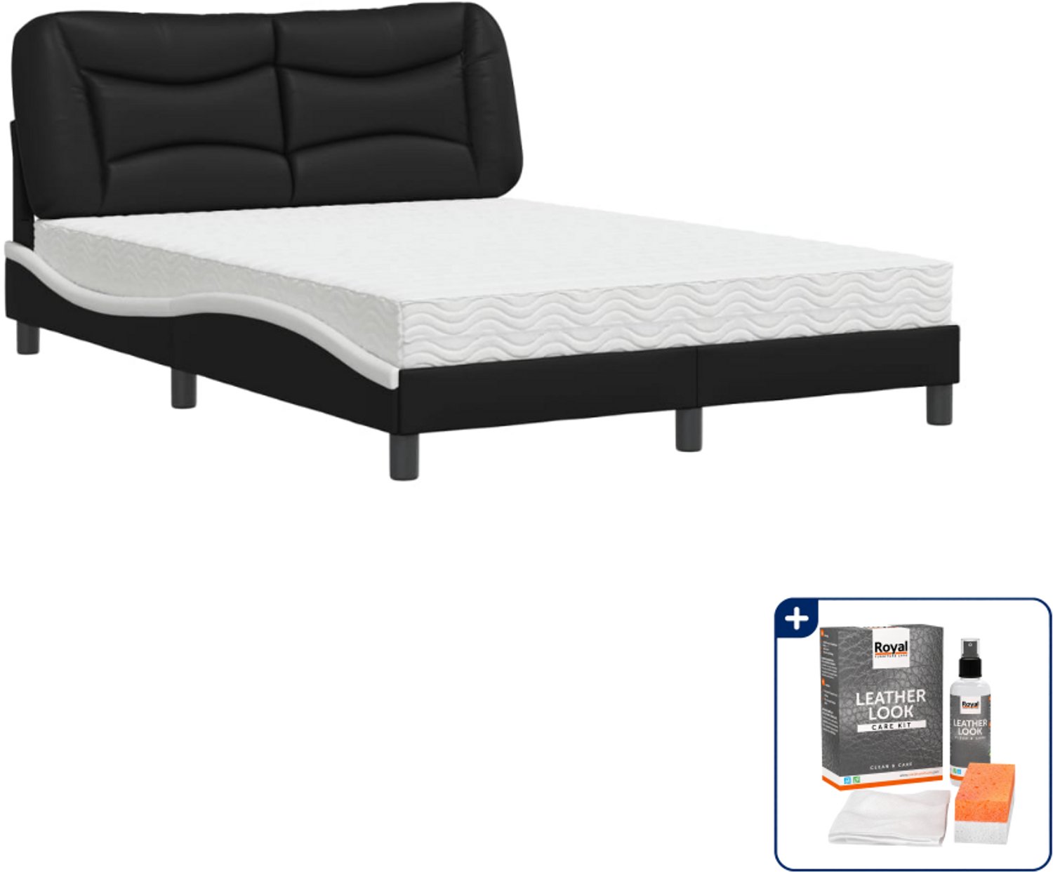 vidaXL Hvar bed met matras - 140 x 190 cm - zwart en wit - Inclusief onderhoudsset voor kunstleer 150 ml