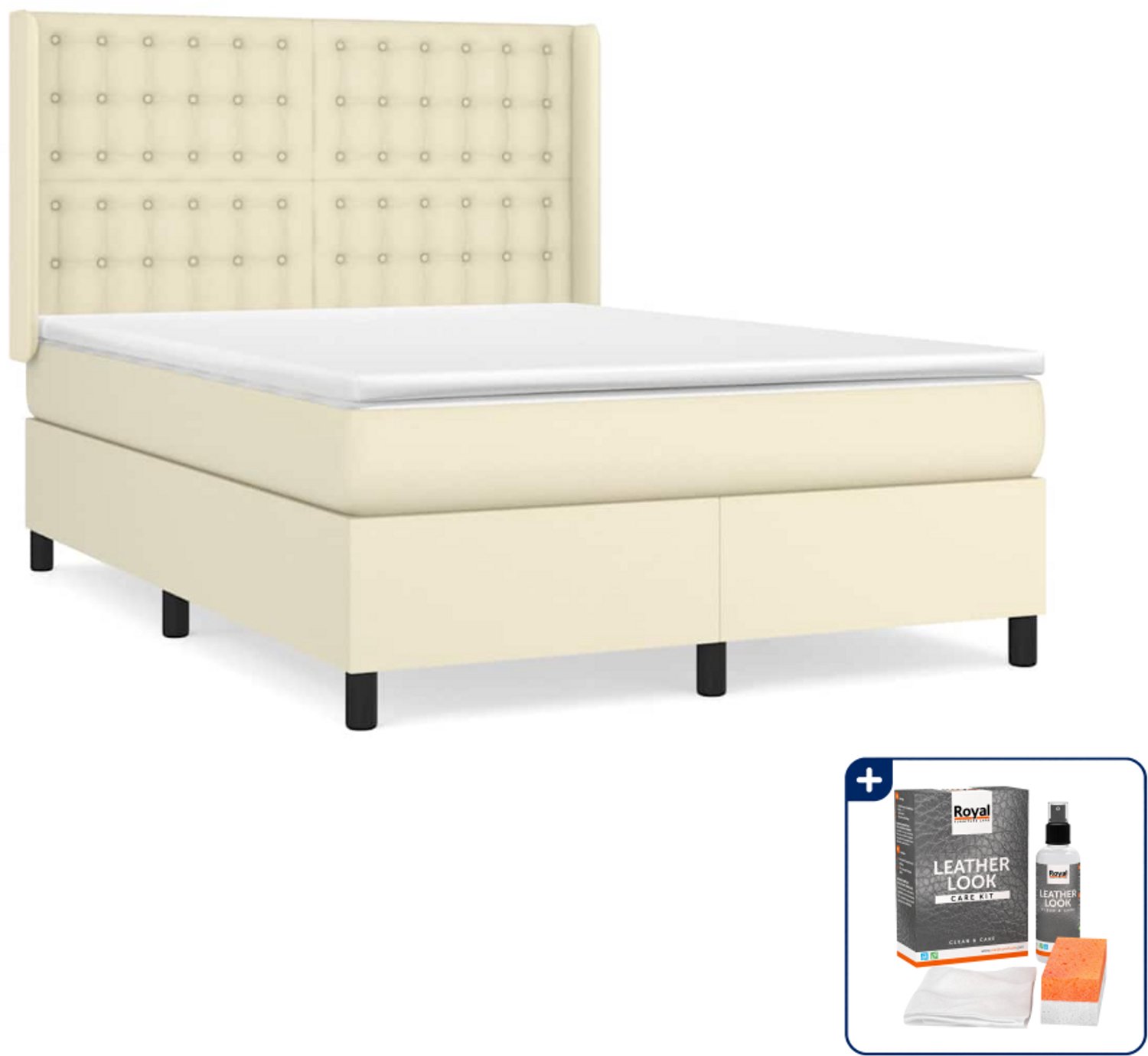 vidaXL boxspring met matras - 140 x 190 cm - kunstleer - crème - Inclusief onderhoudsset voor kunstleer 150 ml