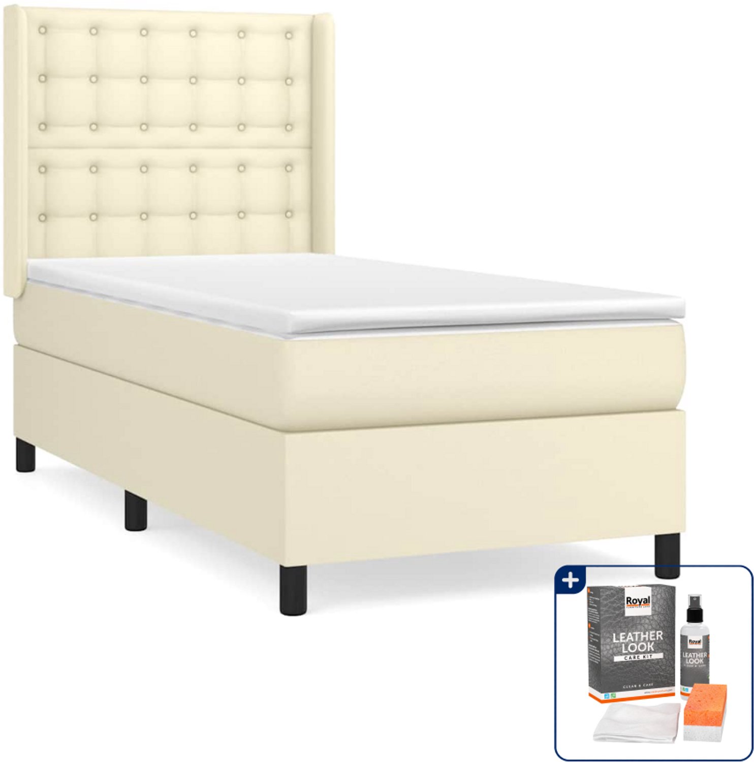 vidaXL boxspring met matras - 80 x 200 cm - kunstleer - crème - Inclusief onderhoudsset voor kunstleer 150 ml