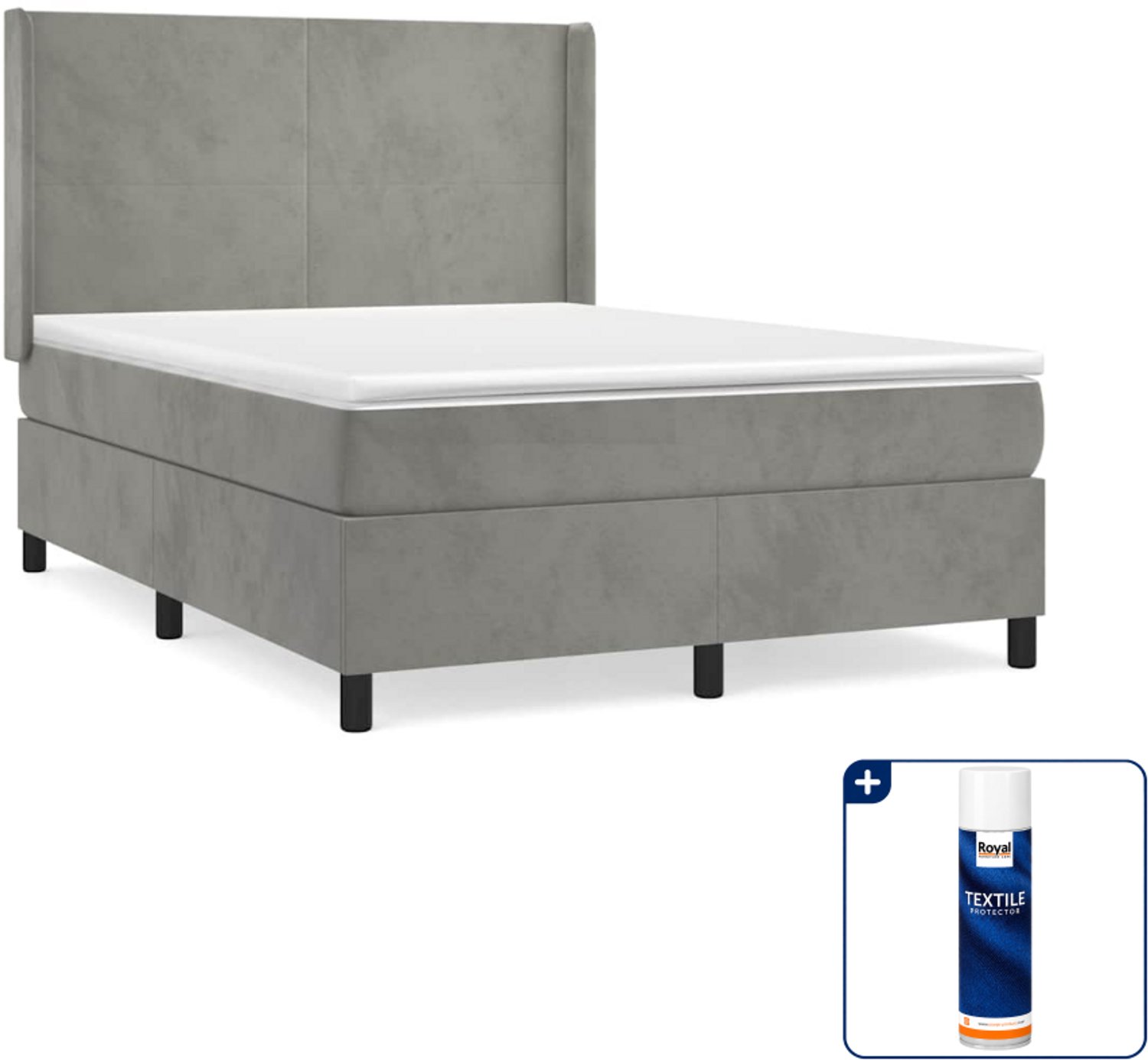 vidaXL Boxspring met matras - 140 x 190 cm - fluweel - lichtgrijs - Inclusief textielbeschermer 500 ml