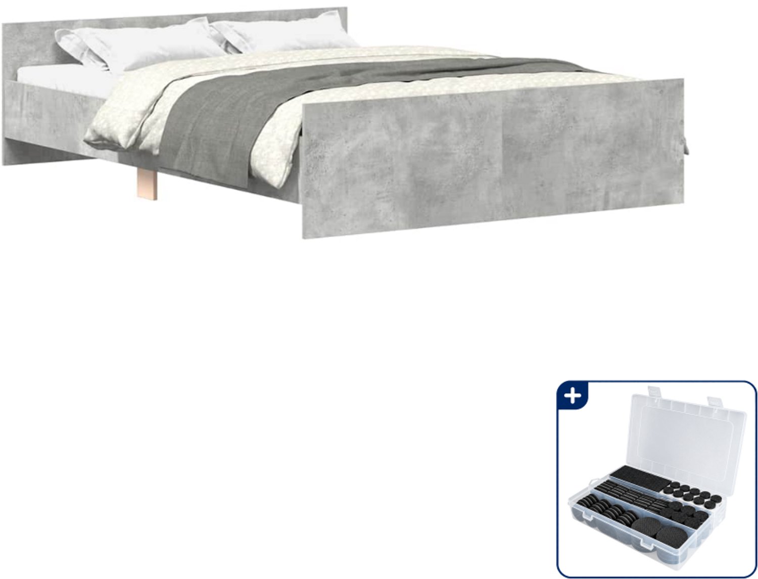 vidaXL Bedframe - 135 x 190 cm - betongrijs - Inclusief antikrasvilt 177-delig Bruin