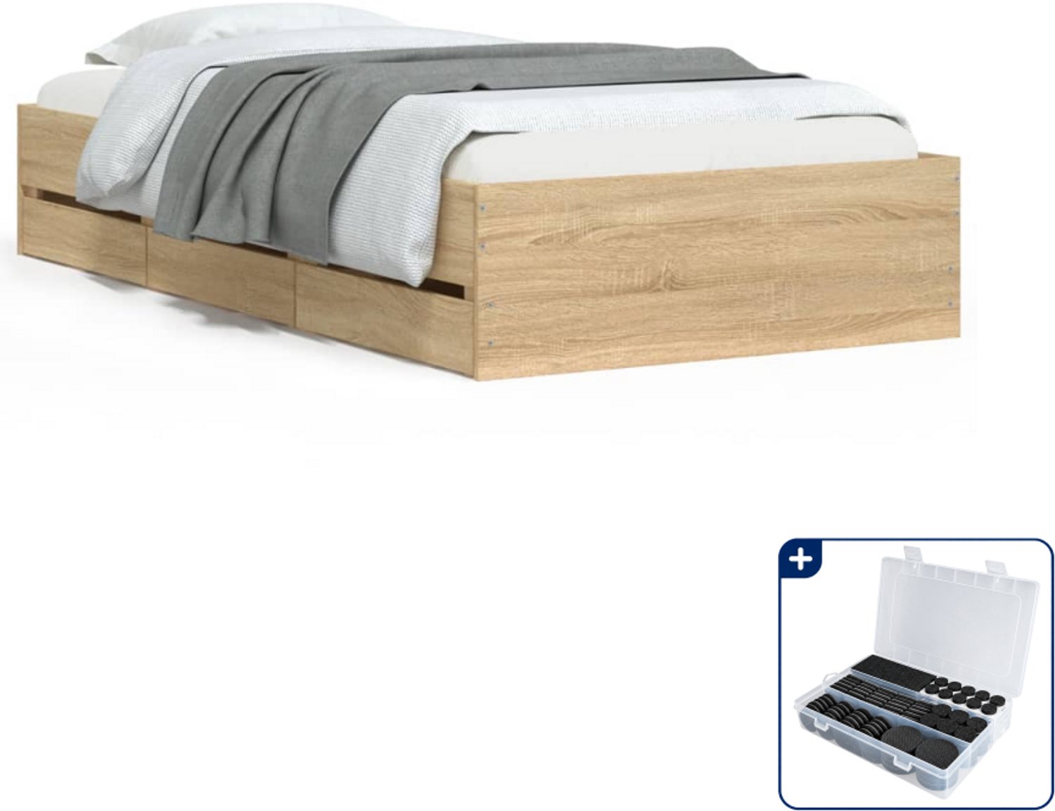 vidaXL bedframe met lades - 75 x 190 cm - bewerkt hout - sonoma eiken - Inclusief antikrasvilt 177-delig
