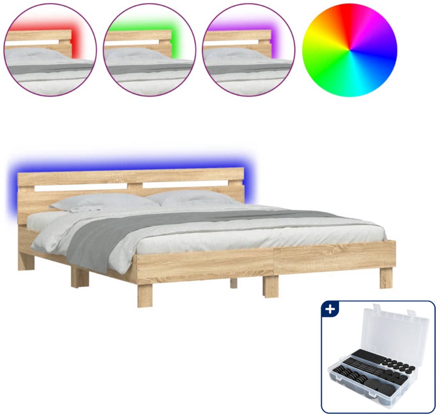 vidaXL bedframe - 200 x 200 cm - bewerkt hout - sonoma eiken - Inclusief antikrasvilt 177-delig Zwart