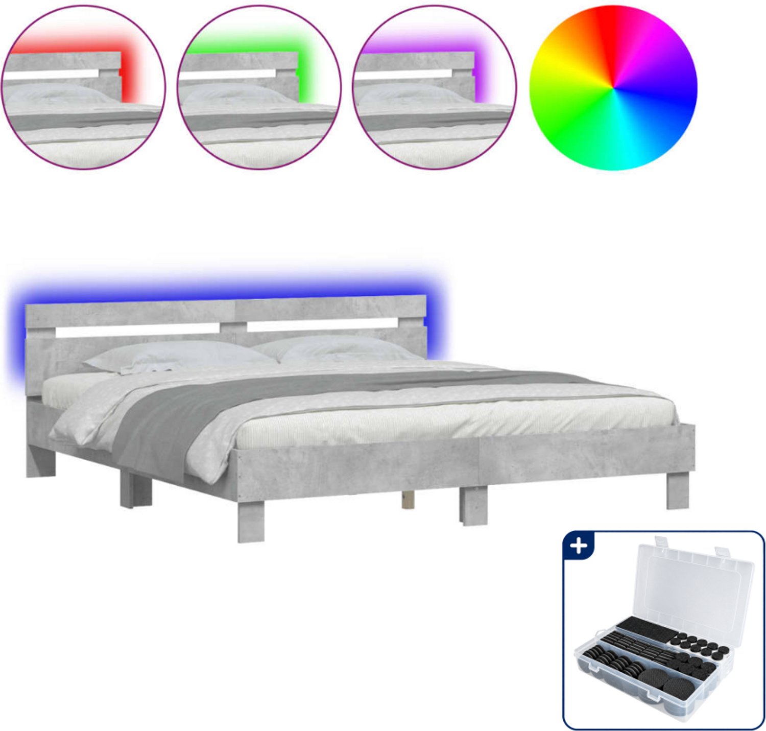 vidaXL Bedframe - Kingsize - 180 x 200 cm - betongrijs - Inclusief antikrasvilt 177-delig Wit