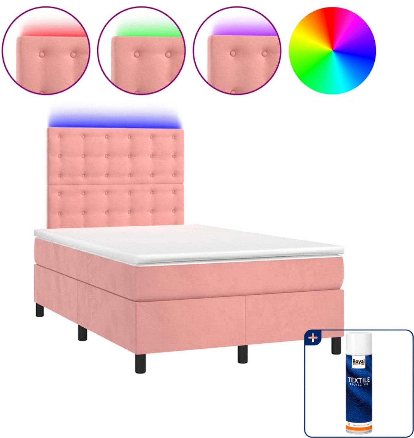 vidaXL boxspring met matras en led - 120 x 190 cm - fluweel - roze - Inclusief textielbeschermer 500 ml