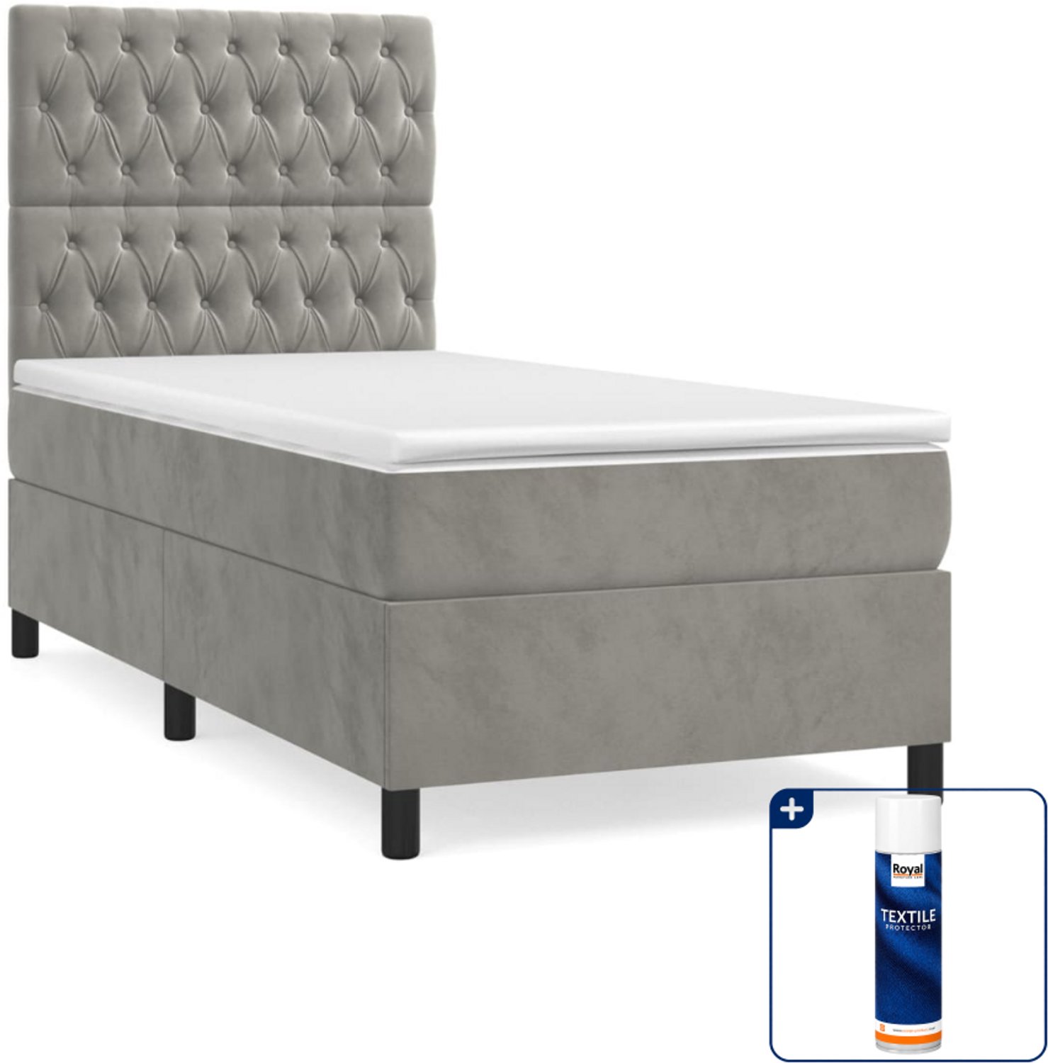 vidaXL boxspring met matras 90 x 200 cm - fluweel - lichtgrijs - Inclusief textielbeschermer 500 ml