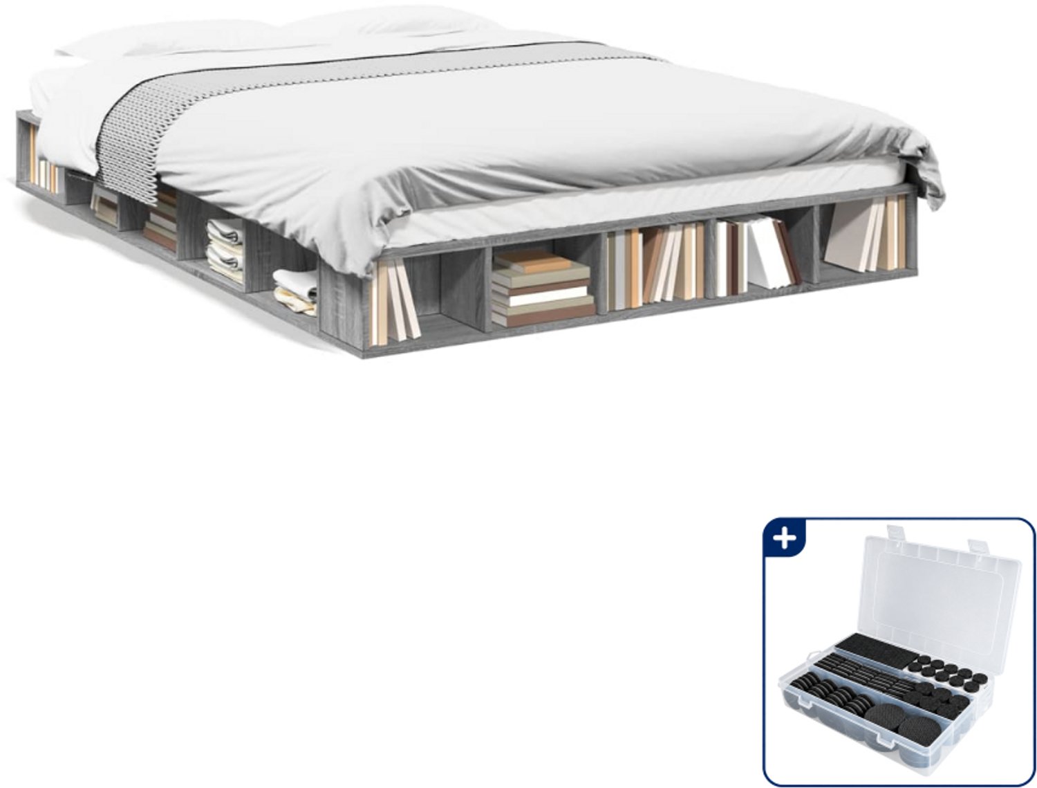 vidaXL Small double bedframe 140 x 200 cm - bewerkt hout - grijs sonoma - Inclusief antikrasvilt 177-delig