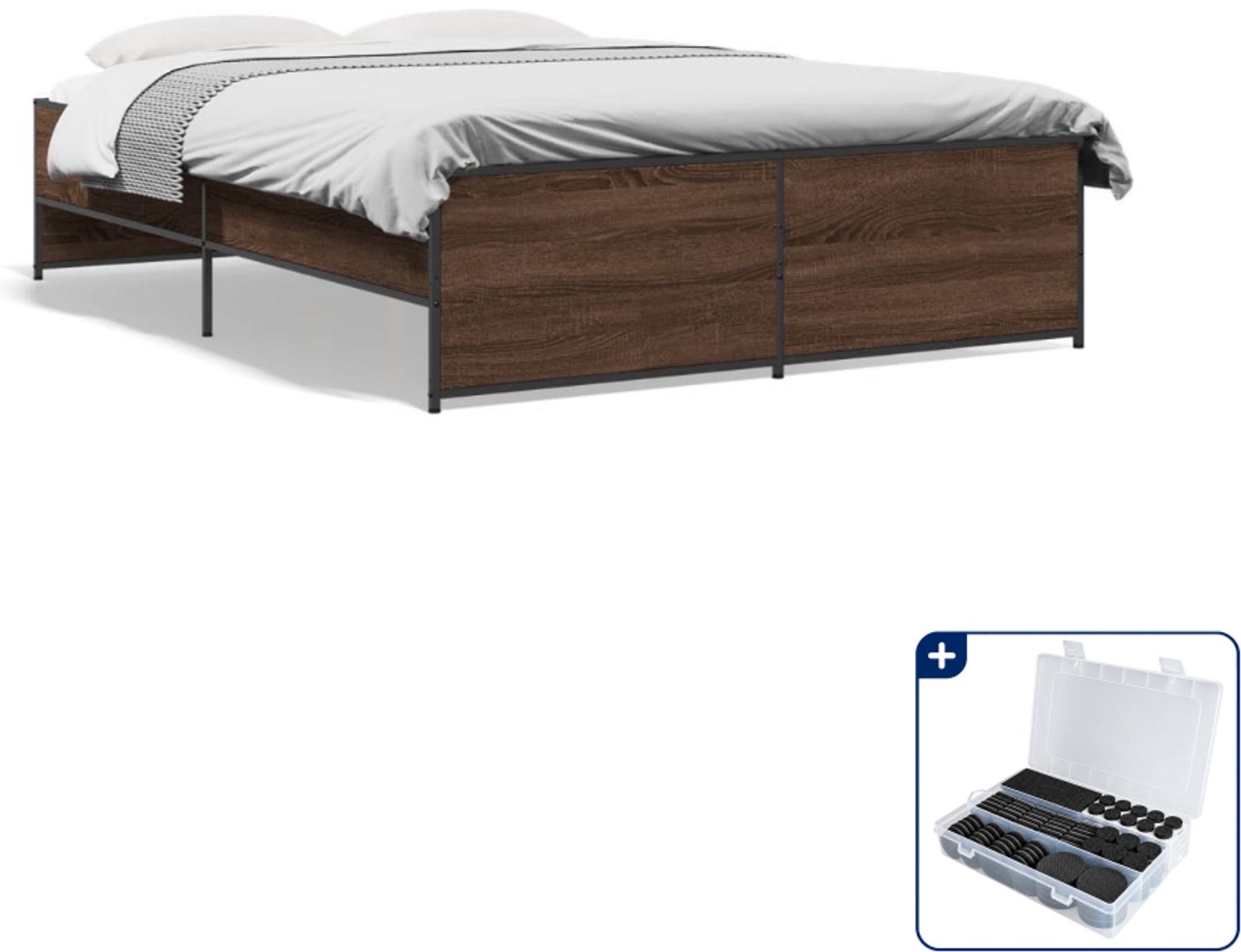 vidaXL bedframe - 120 x 200 cm - bewerkt hout en staal - bruineiken - Inclusief antikrasvilt 177-delig Grijs