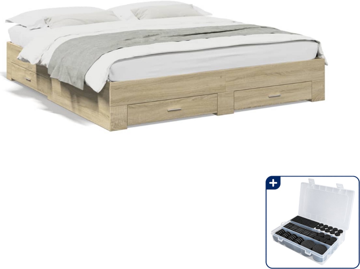 vidaXL bedframe met lades 200 x 200 cm - bewerkt hout - sonoma eiken - Inclusief antikrasvilt 177-delig