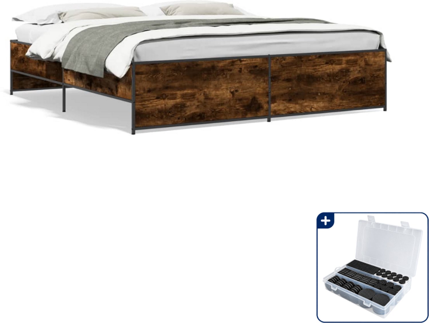 vidaXL Bedframe - 200 x 200 cm - bewerkt hout en staal - gerookt eiken - Inclusief antikrasvilt 177-delig Bruin