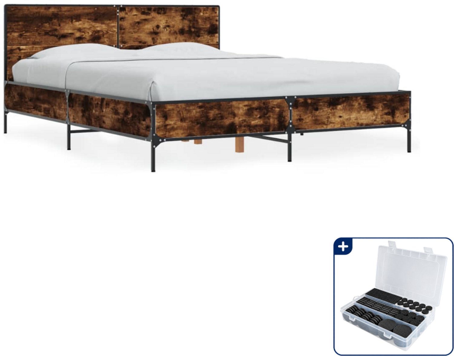 vidaXL bedframe - 135 x 190 cm - bewerkt hout en metaal - gerookt eiken - Inclusief antikrasvilt 177-delig Bruin