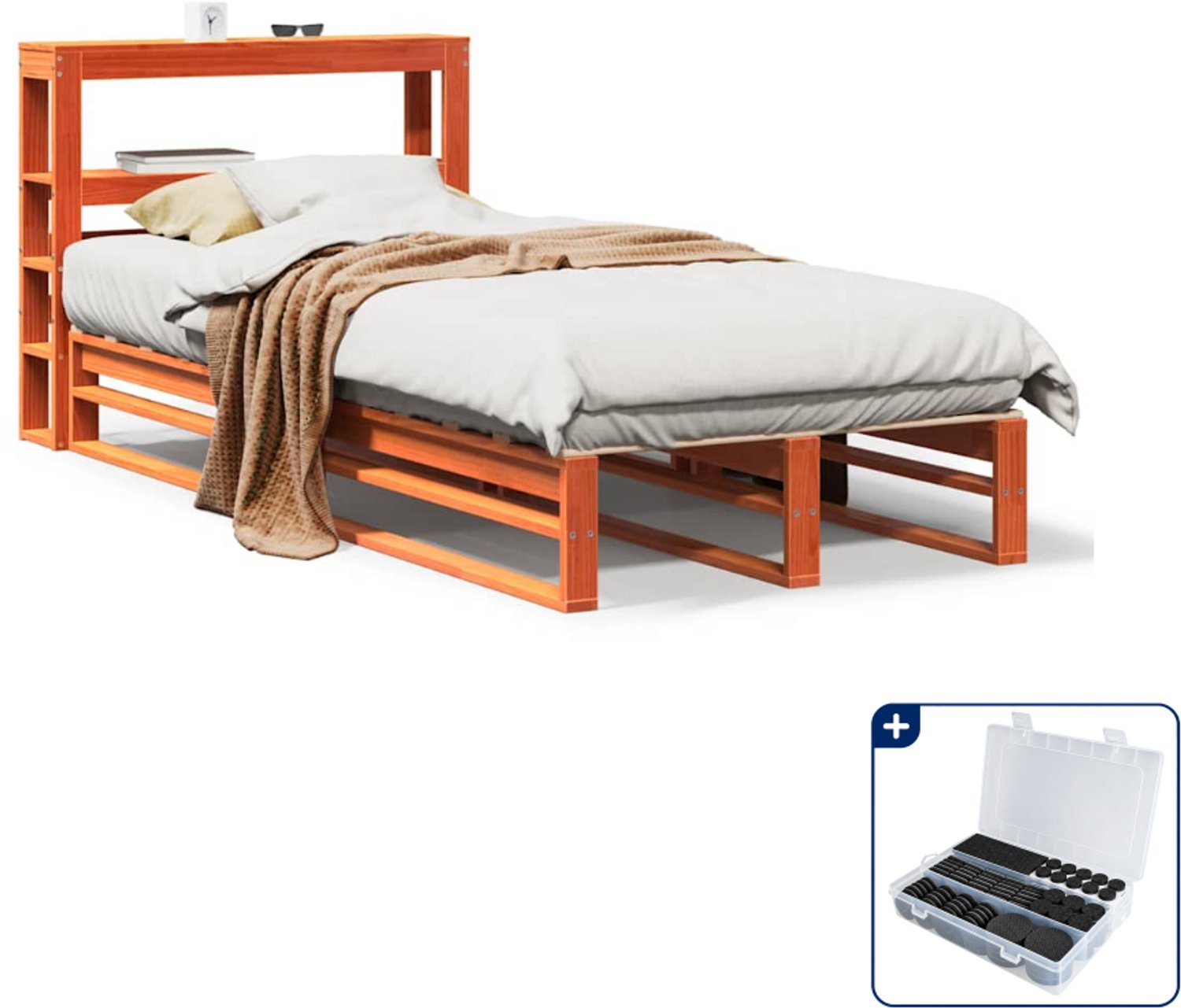 vidaXL bedframe - 75 x 190 cm - massief grenenhout - wasbruin - Inclusief antikrasvilt 177-delig