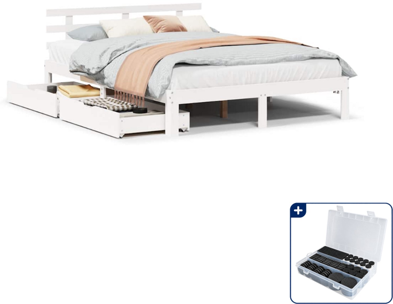 vidaXL bedframe met lades - Queensize - 160 x 200 cm - wit - Inclusief antikrasvilt 177-delig Bruin