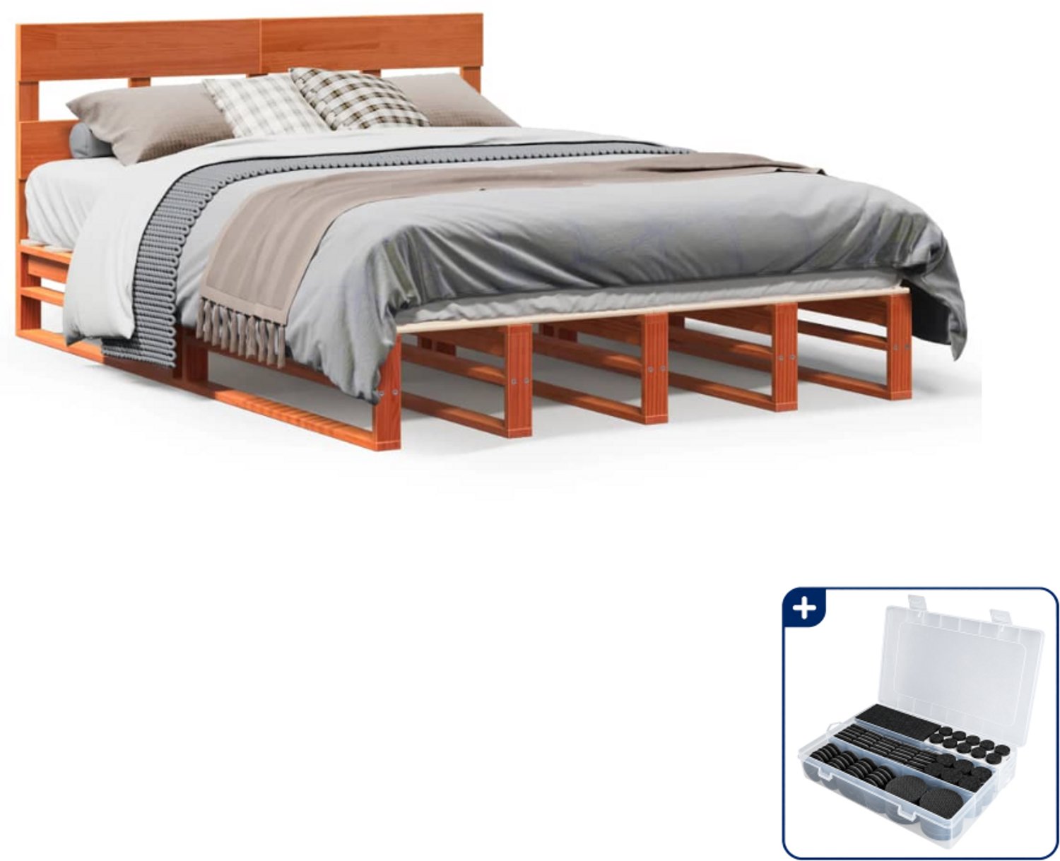 vidaXL bedframe - 135 x 190 cm - massief grenenhout - wasbruin - Inclusief antikrasvilt 177-delig