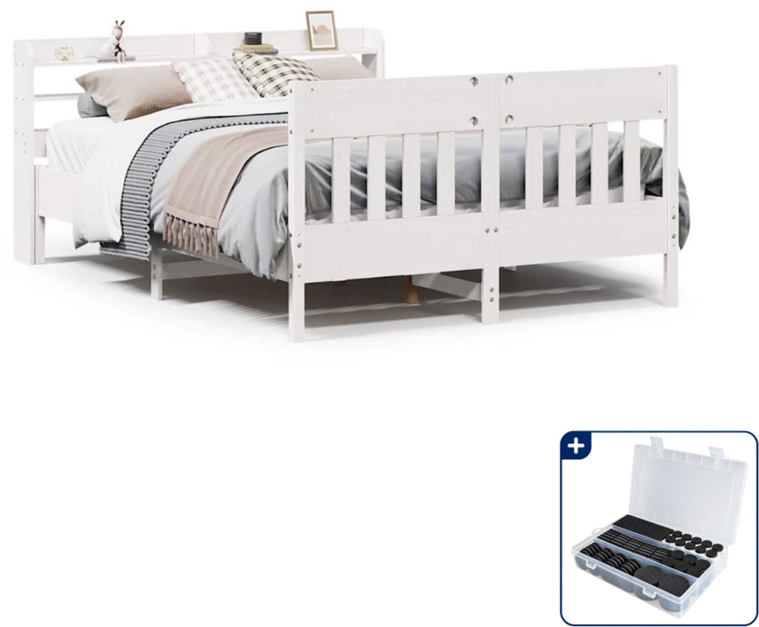 vidaXL bedframe - 135 x 190 cm - massief grenenhout - wit - Inclusief antikrasvilt 177-delig Bruin
