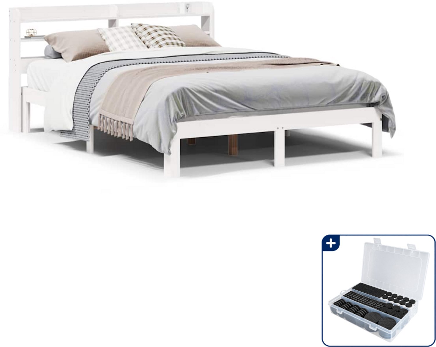 vidaXL Bedframe met hoofdbord - 150 x 200 cm - massief grenenhout - wit - Inclusief antikrasvilt 177-delig Bruin