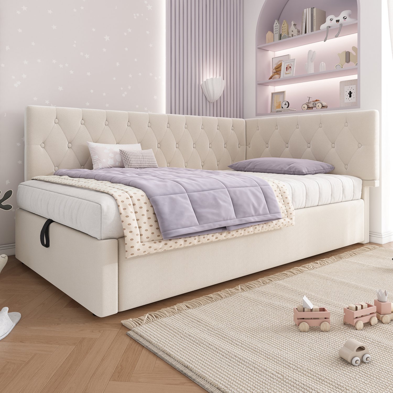 MUVANO Dagbed 90x190 met opbergruimte - Slaapbank met hydraulisch hefmechanisme - Fluweel en houten lattenbodem - Zonder matras - Kinderkamer beige