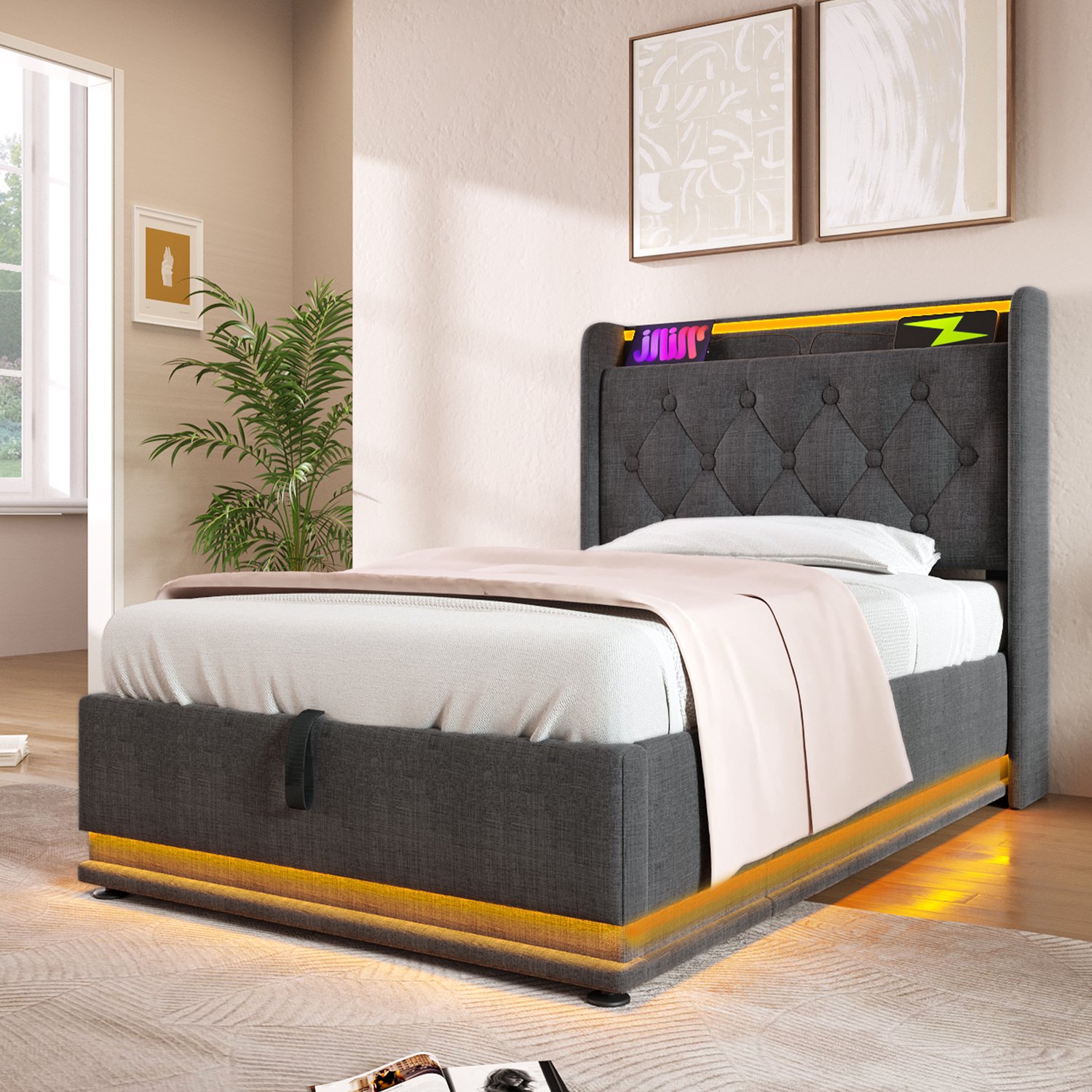 MUVANO Gestoffeerd eenpersoonsbed 90x200 - Opbergbed met matras - Led en USB-C - Linnen met ijzeren frame - Hydraulische bodem - Slaapkamer grijs