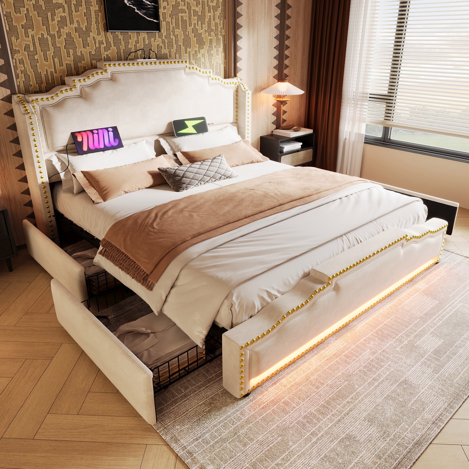 MUVANO Gestoffeerd bed 140x200 - beige fluwelen bed met vier opberglades, ledverlichting, USB-C, lattenbodem en hoog hoofdbord voor de slaapkamer