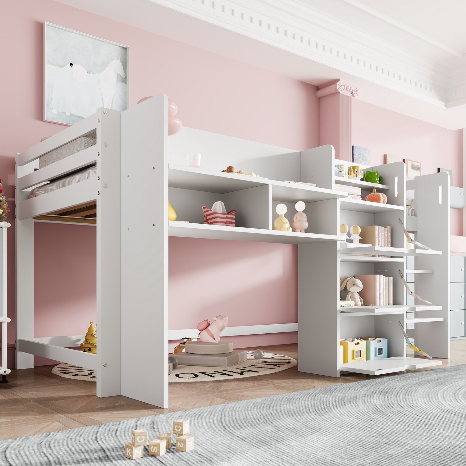 Zubaliya Halfhoogslaper - 90 x 200 cm - Wit - grenenhout - Opbergruimte