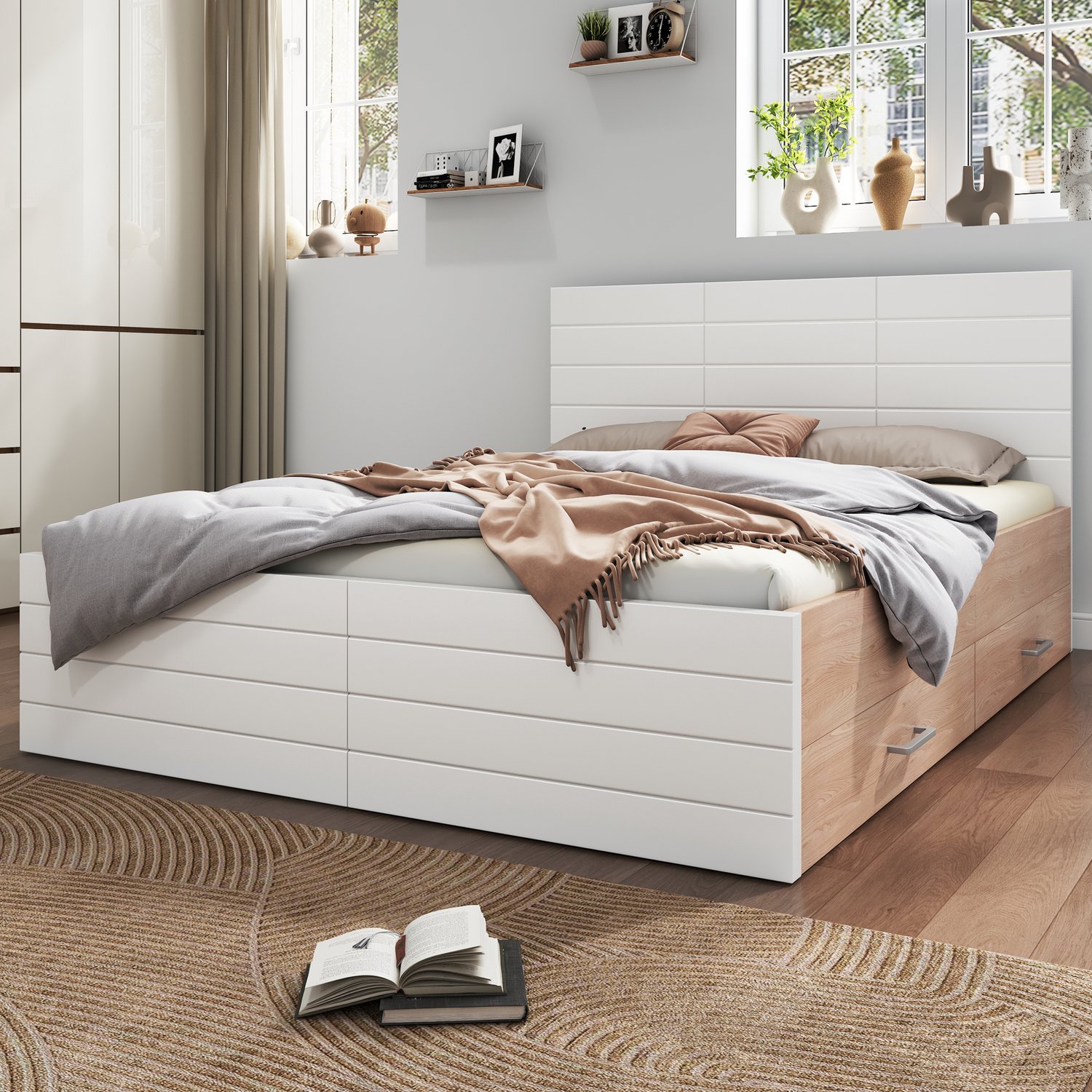 MUVANO Tweepersoonsbed 160x200 met twee opberglades - Bedframe met lattenbodem - Massief hout en MDF - Voor slaapkamer - Wit en lichte eikenkleur