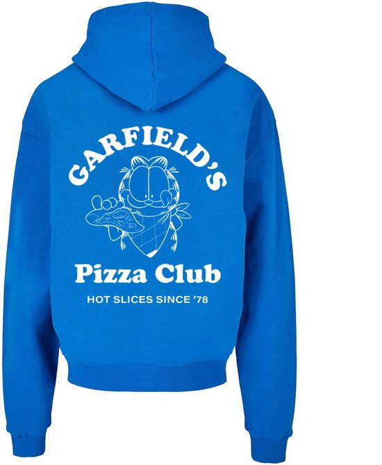 Helderblauwe hoodie met een grote witte Garfield's Pizza Club-print op de rug en tekst 'Hot Slices Since '78'.