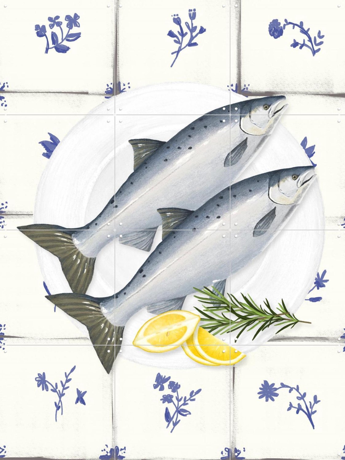 IXXI The Fish Dish, Marja van den Hurk - 60 x 80 cm - Grote wanddecoratie en posters - Tekeningen, Eetkamer, Keuken, Vissen, Zeevruchten, Keukengerei Blauw