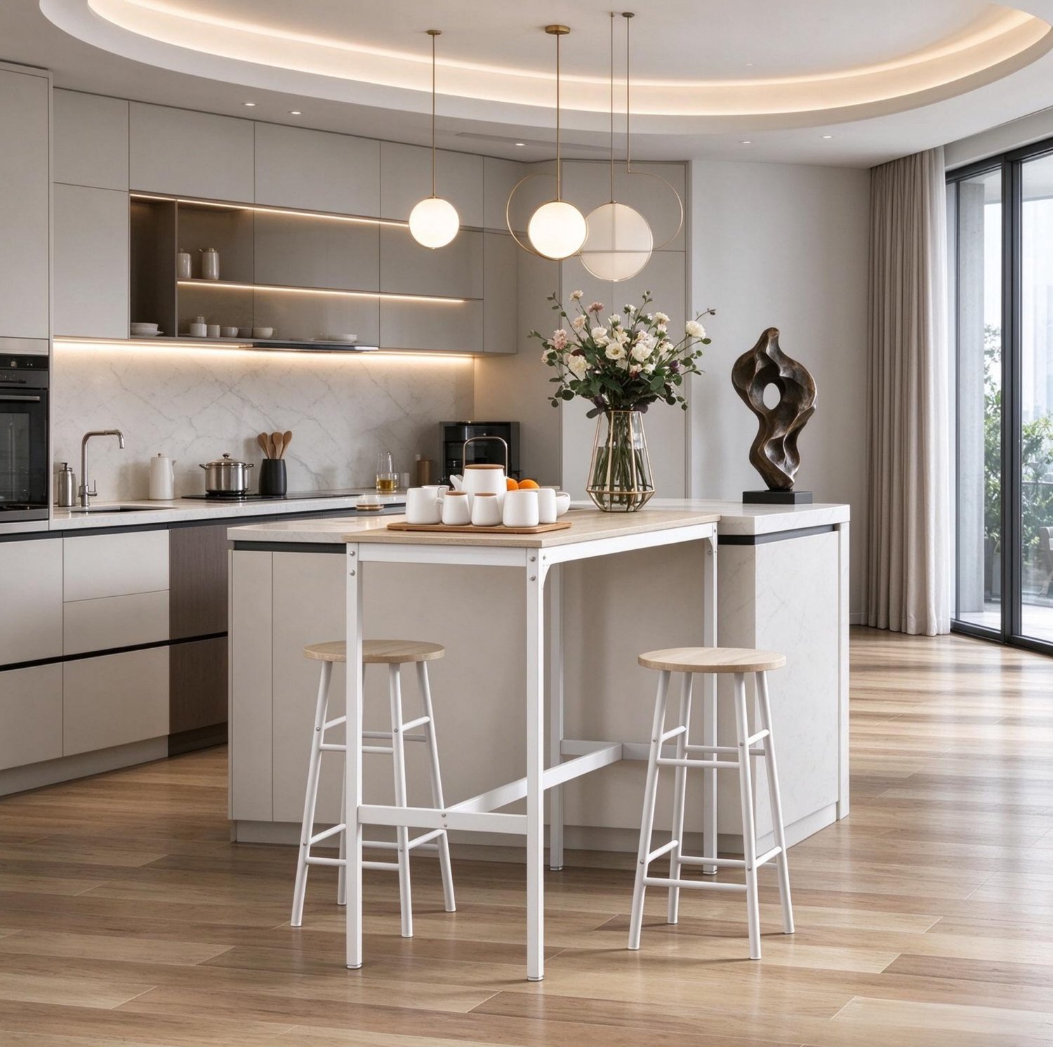 MODENUIT Bartafelset 105 x 40 x 90 cm - Met 2 Barkrukken - Voor Keuken - Staal en MDF - Wit en Naturel