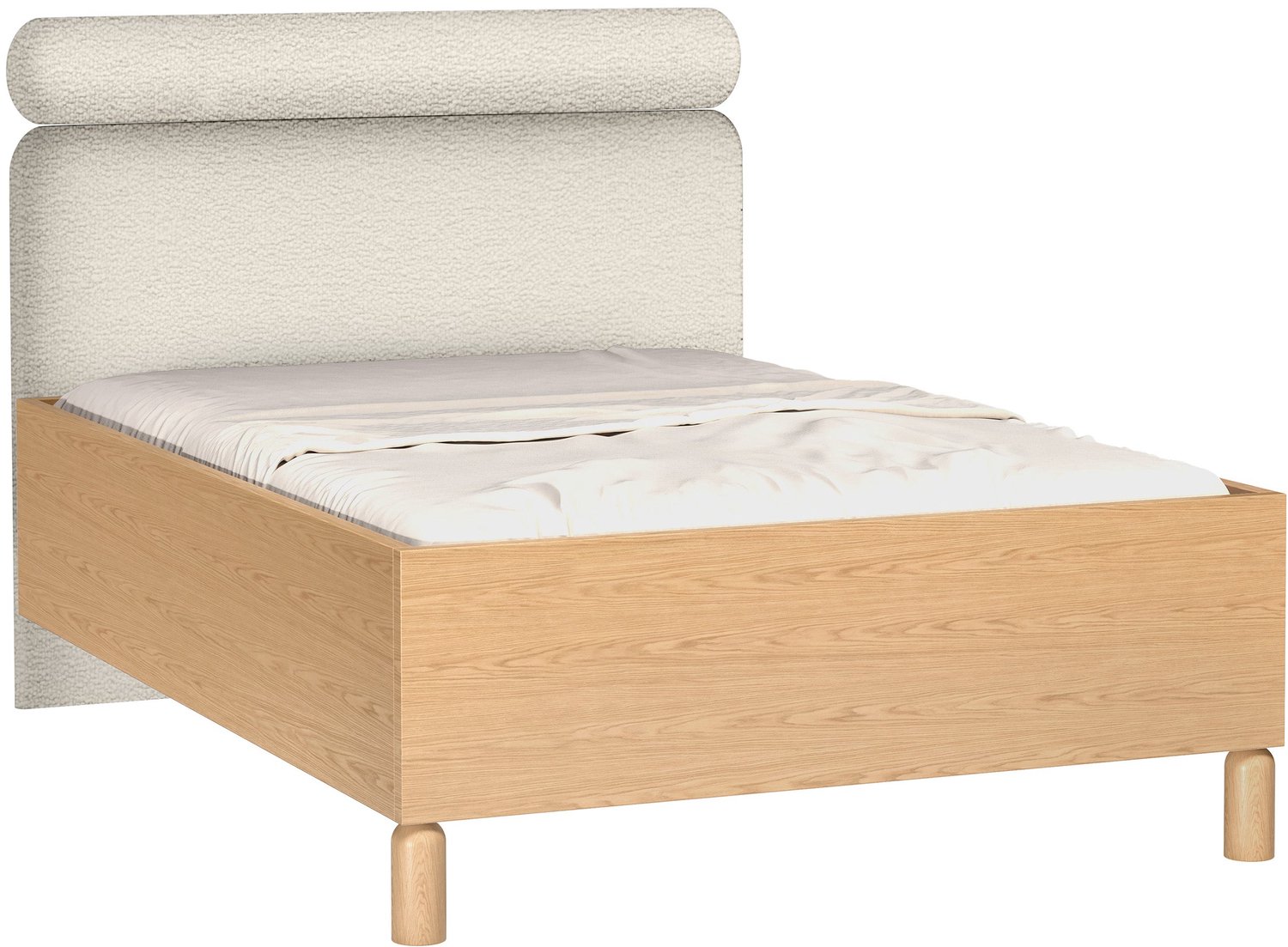Selsey Sanden – Gestoffeerd bed met opbergruimte, bouclé bookmatch eiken, 140x200 cm
