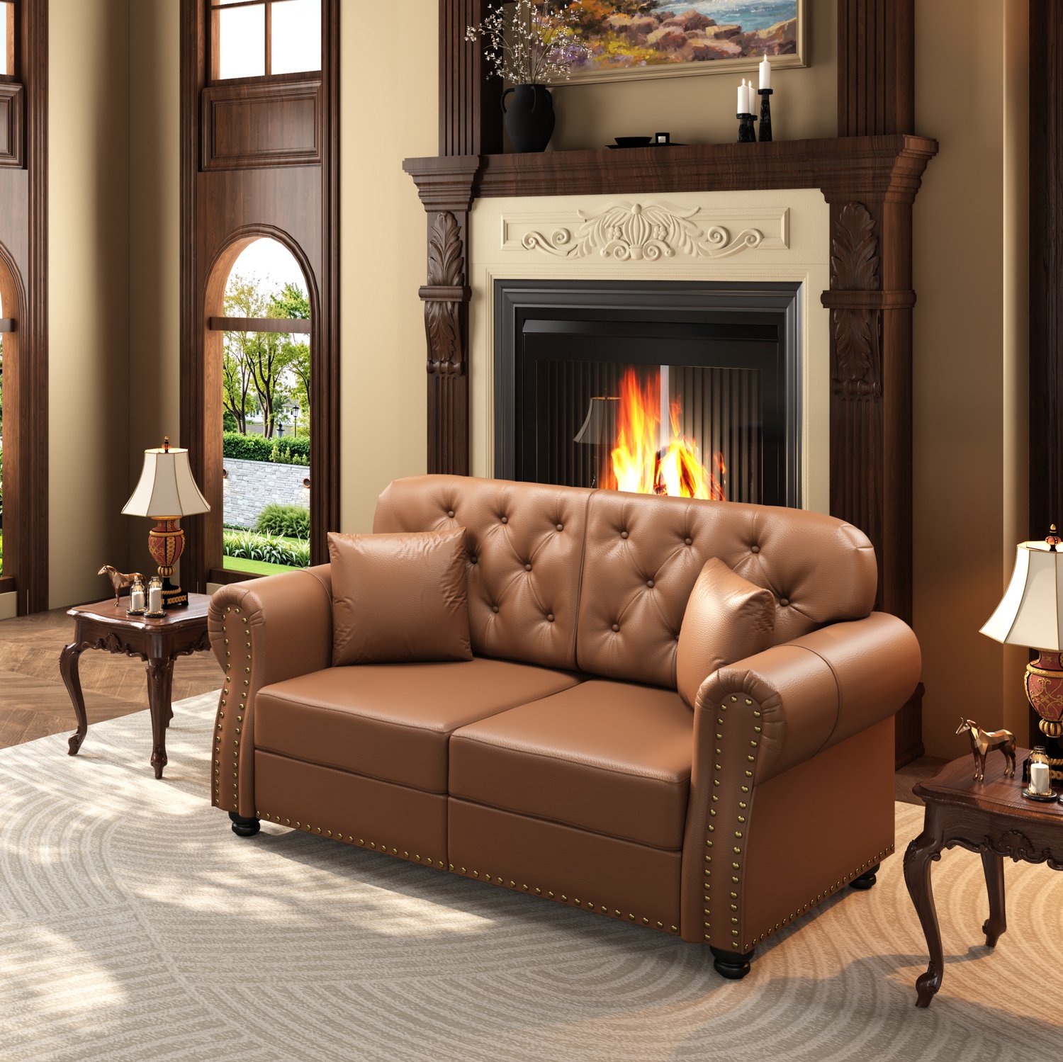 FloraGrace Chesterfield bank 160 x 76 x 86 cm - 2-zits met knopen en zakvering - Voor de woonkamer - Kunstleer en hout - Bruin