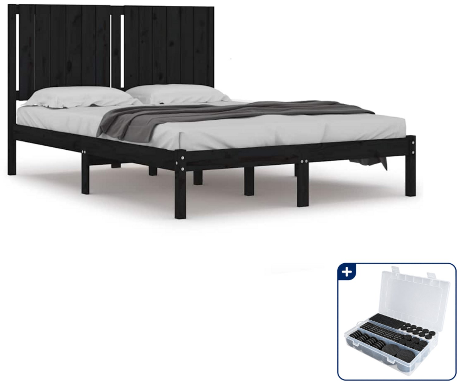 vidaXL Bedframe - 140 x 190 cm - massief grenenhout - zwart - Inclusief antikrasvilt 177-delig Grijs